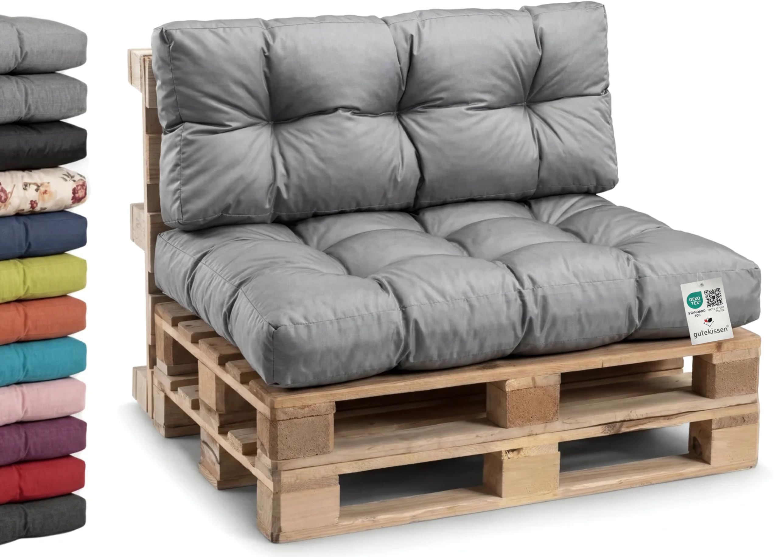 Gutekissen® Pallet Cushion, Pallet Cushion, Weatherproof Cushion for Garden Sofa, in Various Colours and Sizes (Cushion Set 120 x 80 + Back 120 x 40), Grey and Waterproof - 1