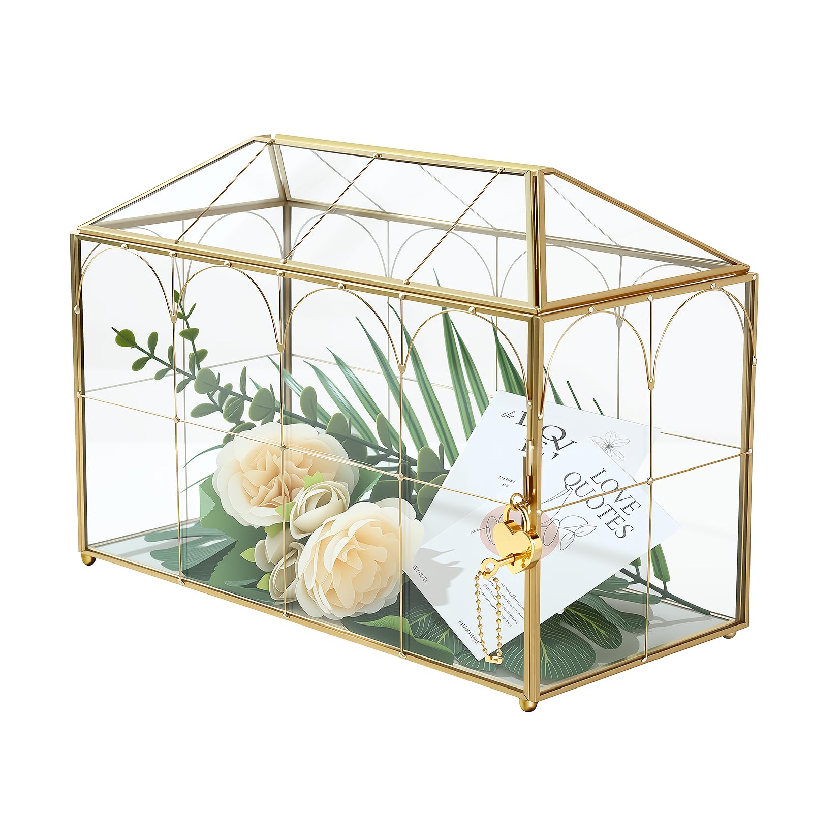 Photo 1 of Rosporxin Glass Card Box with Slot, Large Gold Clear Card Box for Wedding Receptions - Home Birthdays Party Geometric Decorative, 12.59" x 5.9" x 9.05"