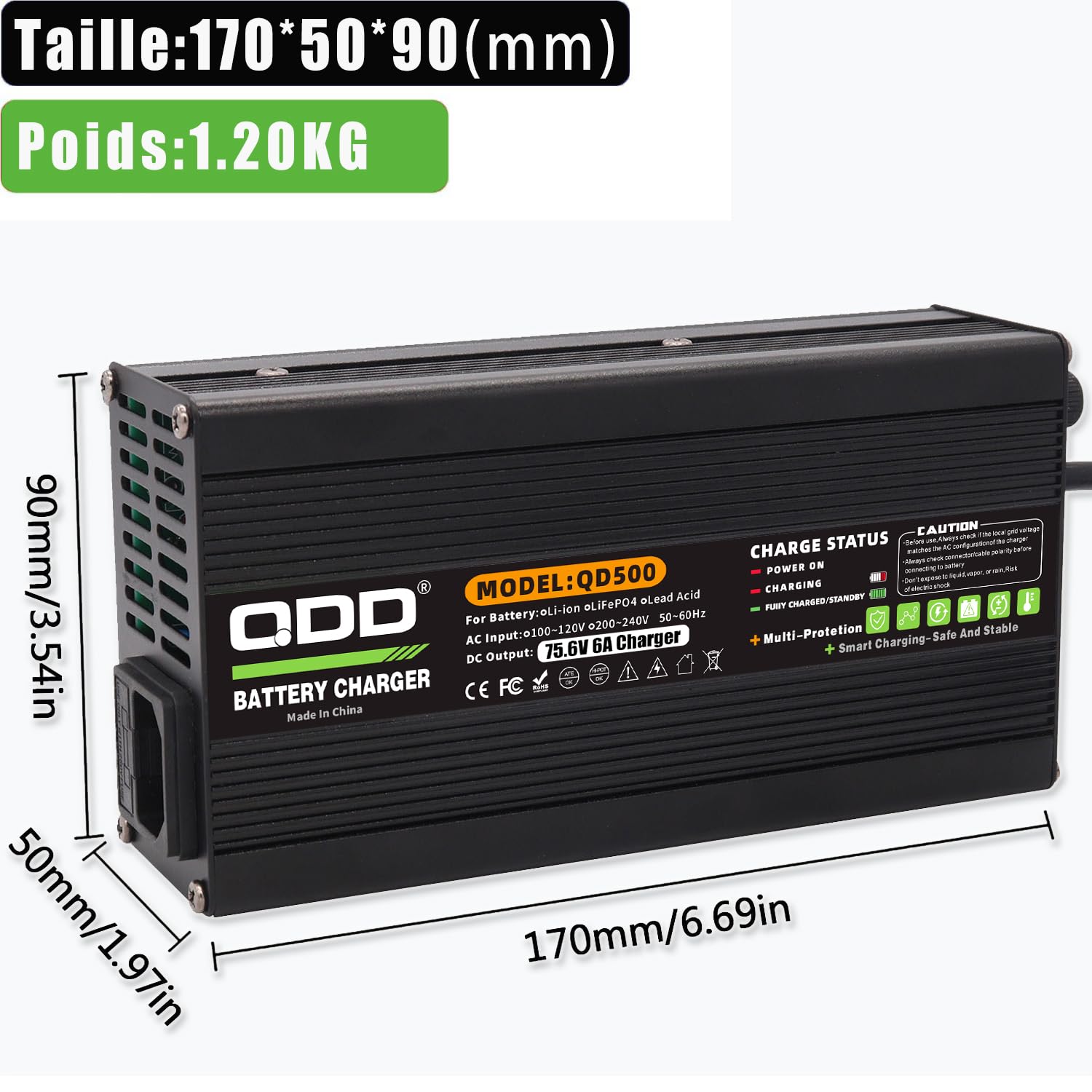 QDD Cargador de batería de iones de litio de 75,6 V, 6 A, salida XT60, conector XT60, se utiliza para batería de iones de litio 18S 66,6 V