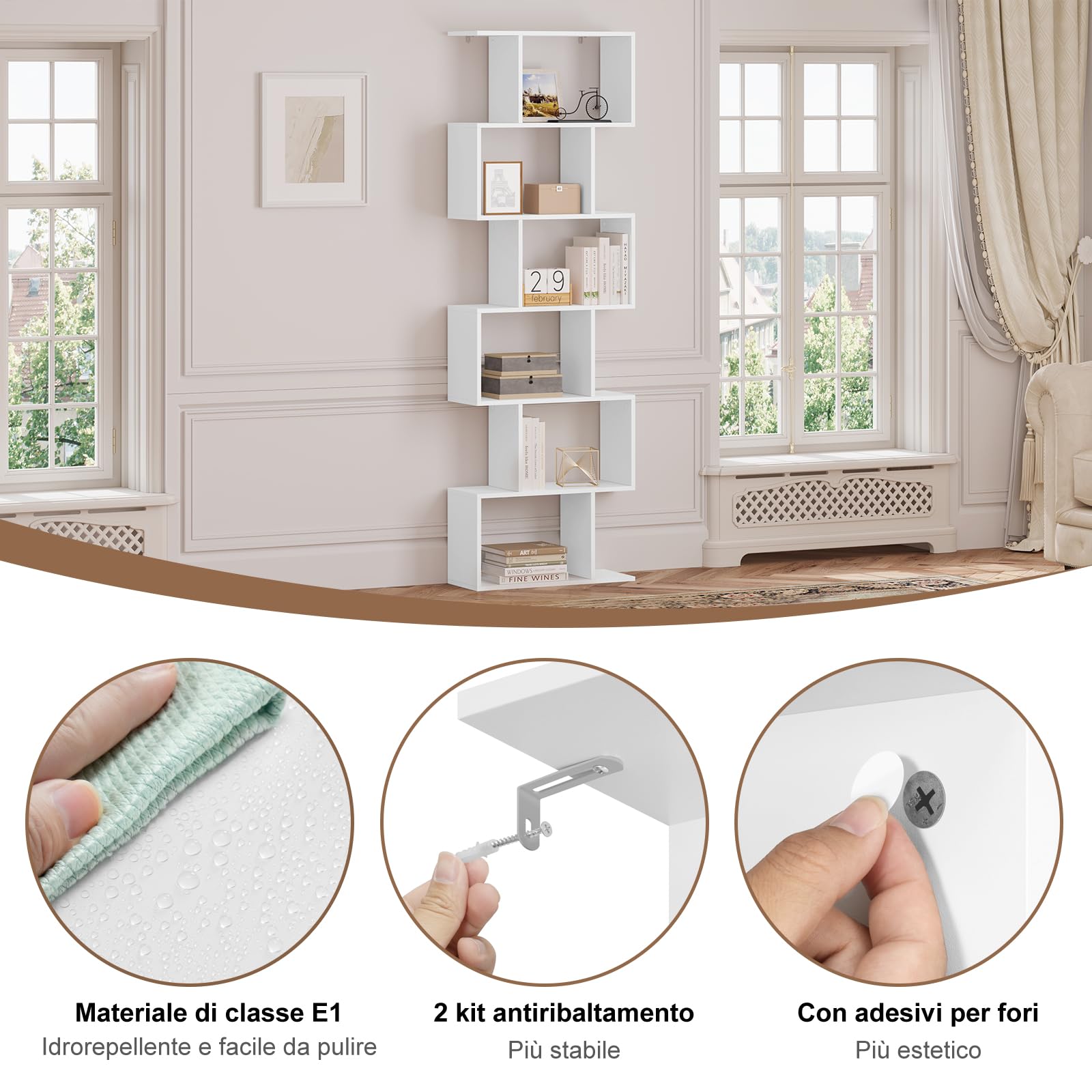 WOLTU Libreria Verticale a 6 Livelli, 6 Scomparti a Giorno | Scaffale Salvaspazio Bianco, per Camera da Letto, Studio, Ufficio, Soggiorno, Forma di S, in Legno