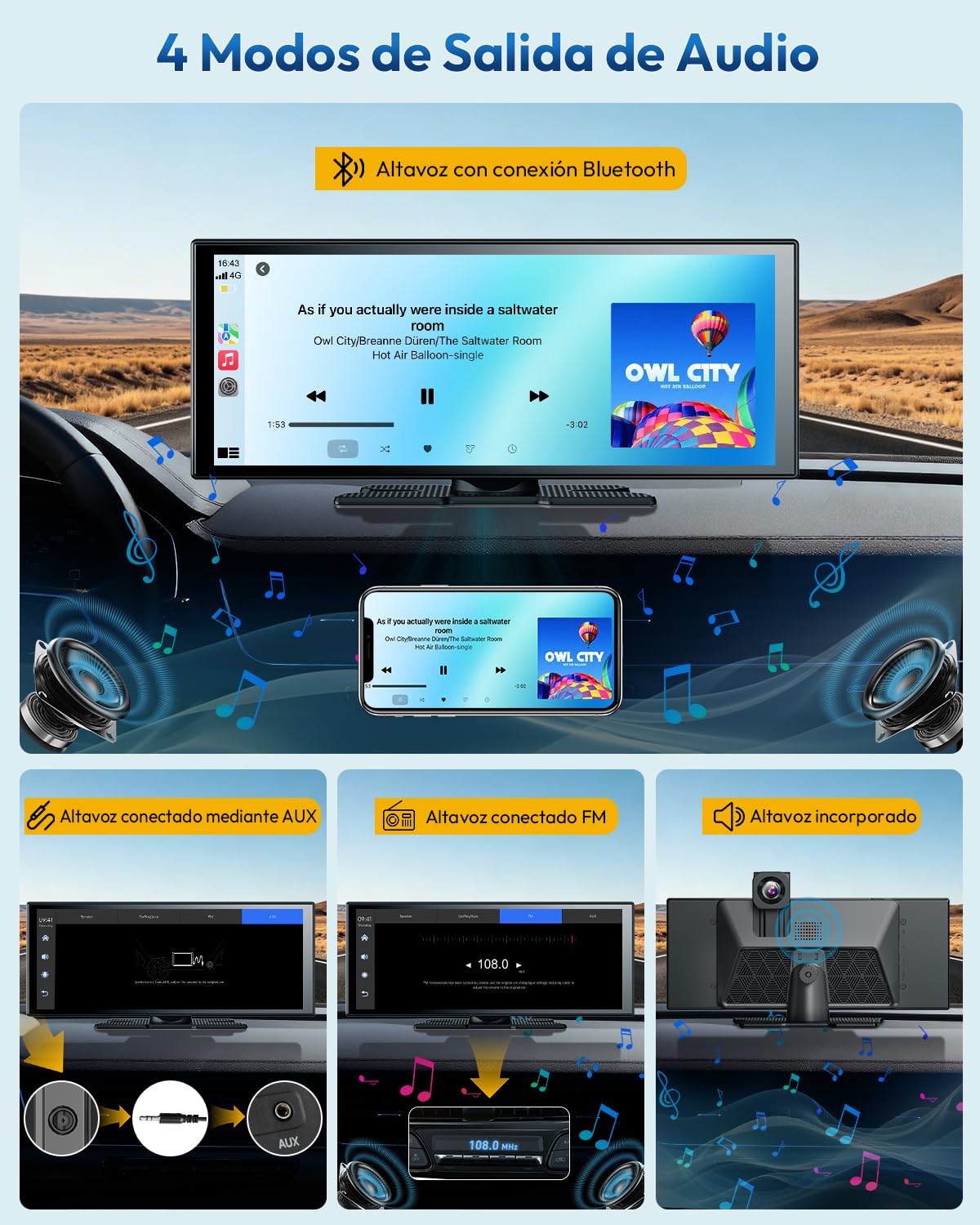 ESSGOO Pantalla Coche 11 Pulgadas con Carplay y Android Auto Inalámbrico con 4K Cámara Frontal Giratoria de 360°,Trasera 1080P,IPS Táctil,Bluetooth 5.3,Mirror Link,Control por Voz