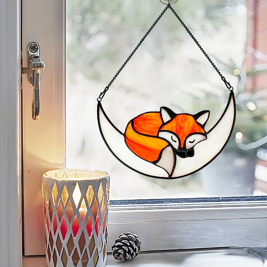 Fox Decor Stained Glass Window Hanging,Stained Glass Fox Ornament for Home Decor,Fox Decorations Suncatcher Indoor Window Fox Gifts for Girls Mom Friend