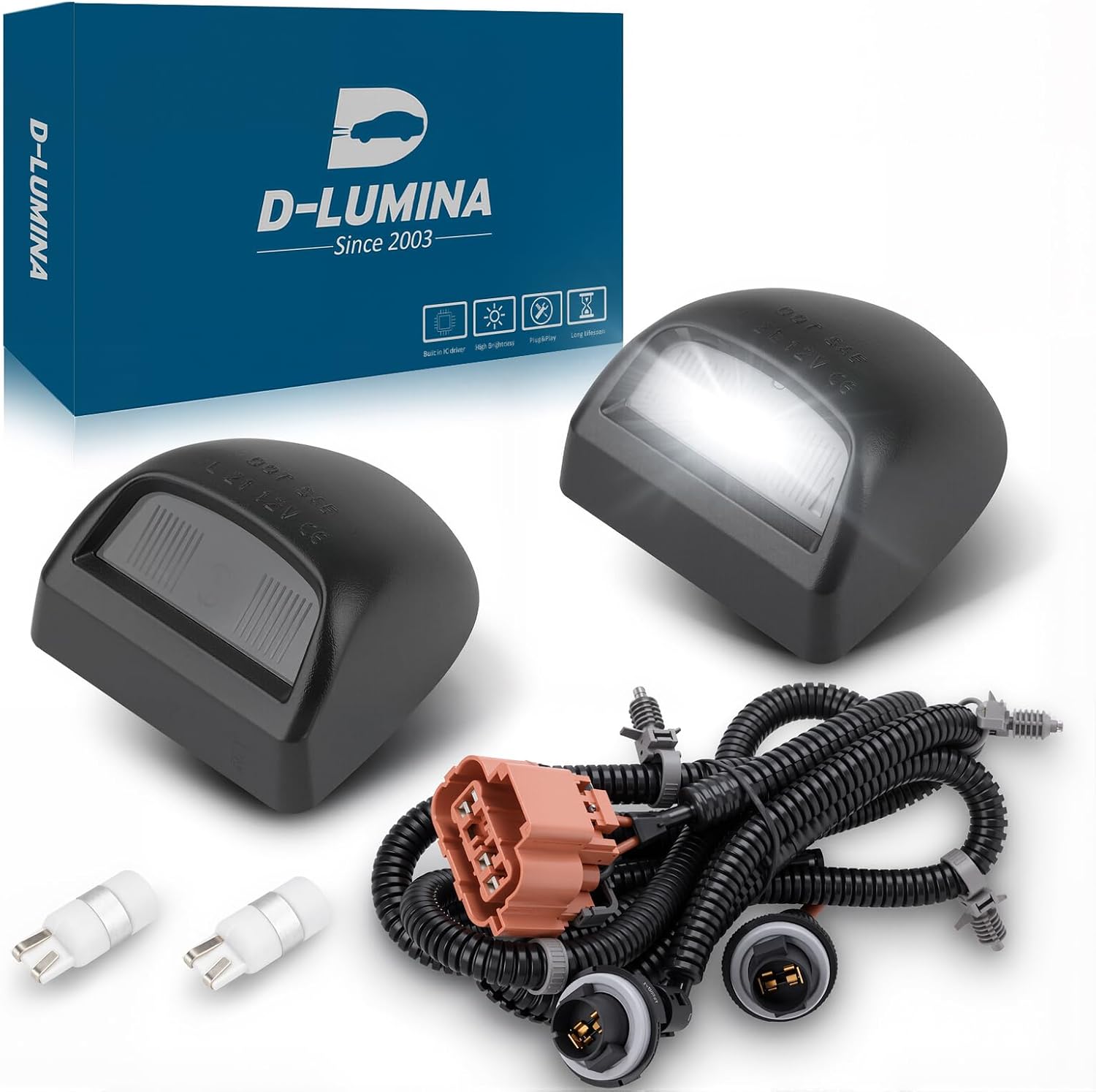 D-Lumina LED License Plate Lights Tag Lamp Housing w/Harness for Chevy Classic Silverado GMC Classic Sierra 1999-2007, Chevy Avalanche 2002-2006, Powered by T10 LED Bulbs 6000K White LED Tag Light