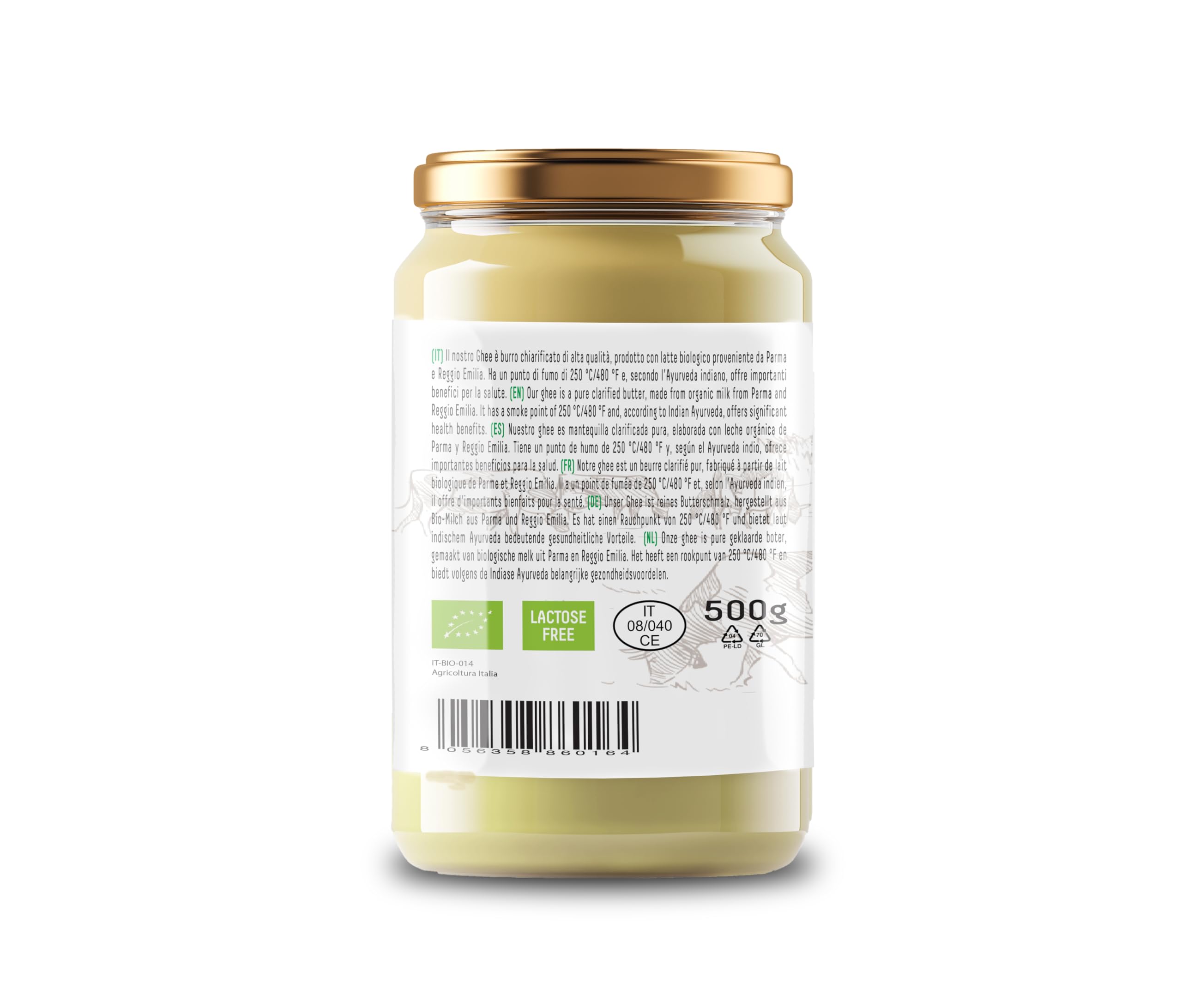 Cibo Ghee Ecológico 500g - Leche de Parma y Reggio Emilia - Vacas de Pasto - Punto de Humo 250°C