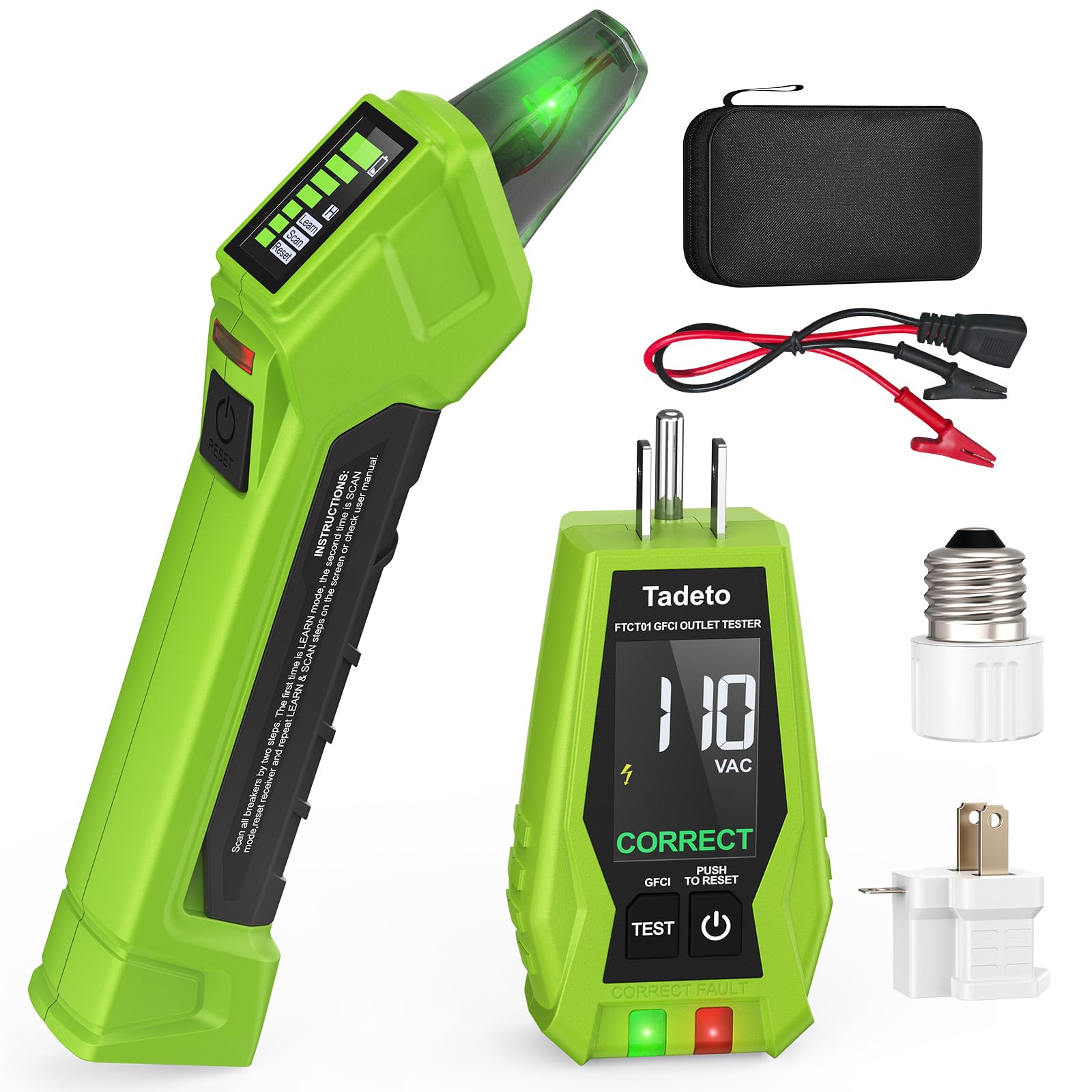 Photo 1 of Tadeto Circuit Breaker Finder Tool with Outlet Tester, Quickly GFCI, Voltage, Electric Tester with Dual LCD Display, Light Socket and 3-2 Prong Grounding Adapter, Alligator Clip Adapter (Green)