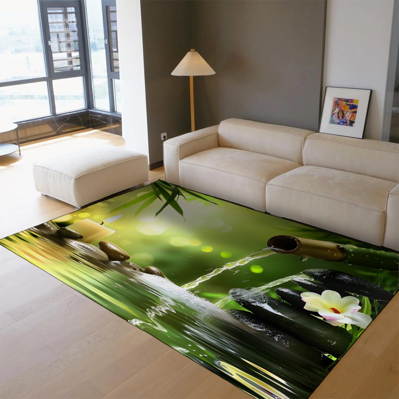Méditation Art Tapis lavables Pierres et écoulement d’Eau Feuilles de Bambou Impression Réduction du Bruit Tapis antidérapant pour la décoration intérieure de la pièce 120x180cm