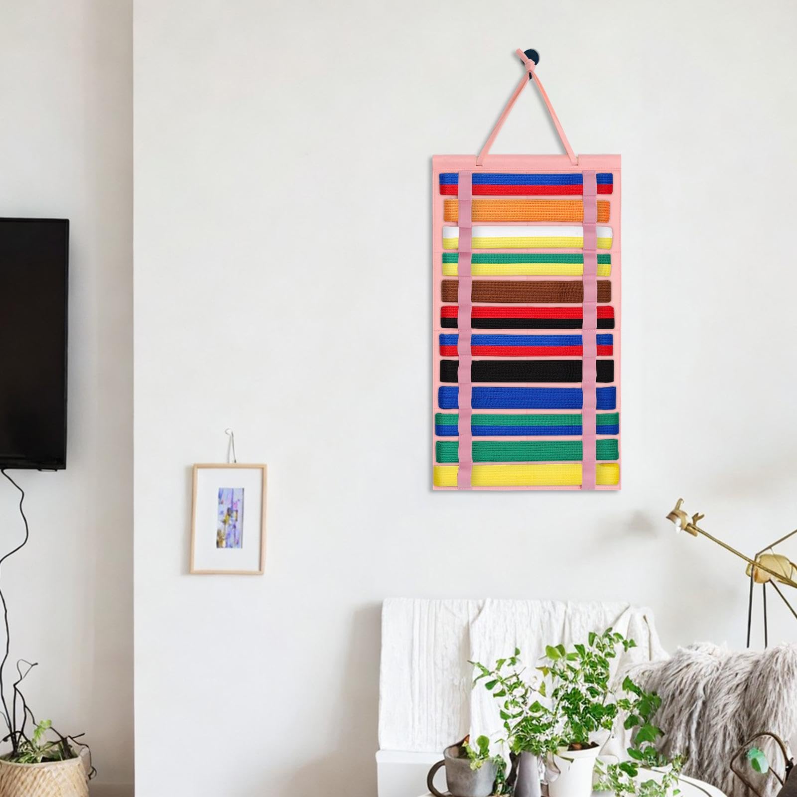 DYNWAVE Martial Arts Belts Organizer,Hanging Display for 12 Belts Belt Display Holder,Taekwondo Belt Storage for Muay Thai MMA Adults, Pink