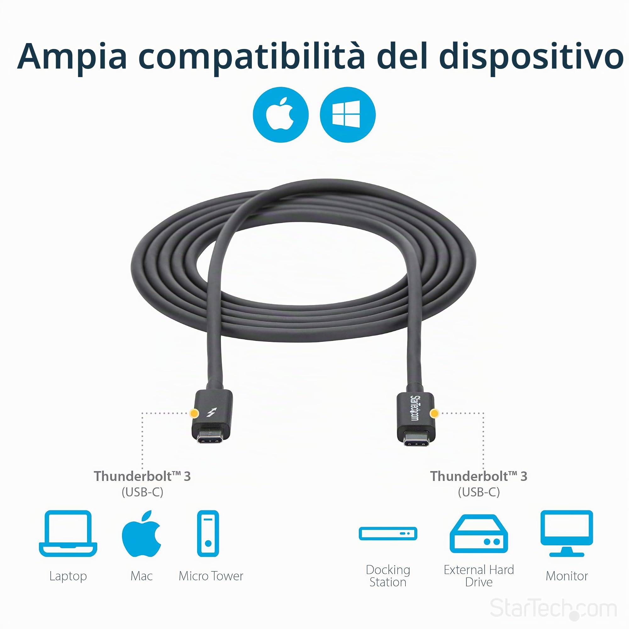 StarTech.com Cavo Thunderbolt 3 Passivo da 2m, 20Gbps, 100W PD, 4K, Certificato Thunderbolt, Compatibile con USB4/DP Alt Mode, Thunderbolt4, USB 3.2/Type-C (TBLT3MM2M) | Supporta Thunderbolt 4 e USB 3.2, Cavo Dati e Video ad Alte Prestazioni