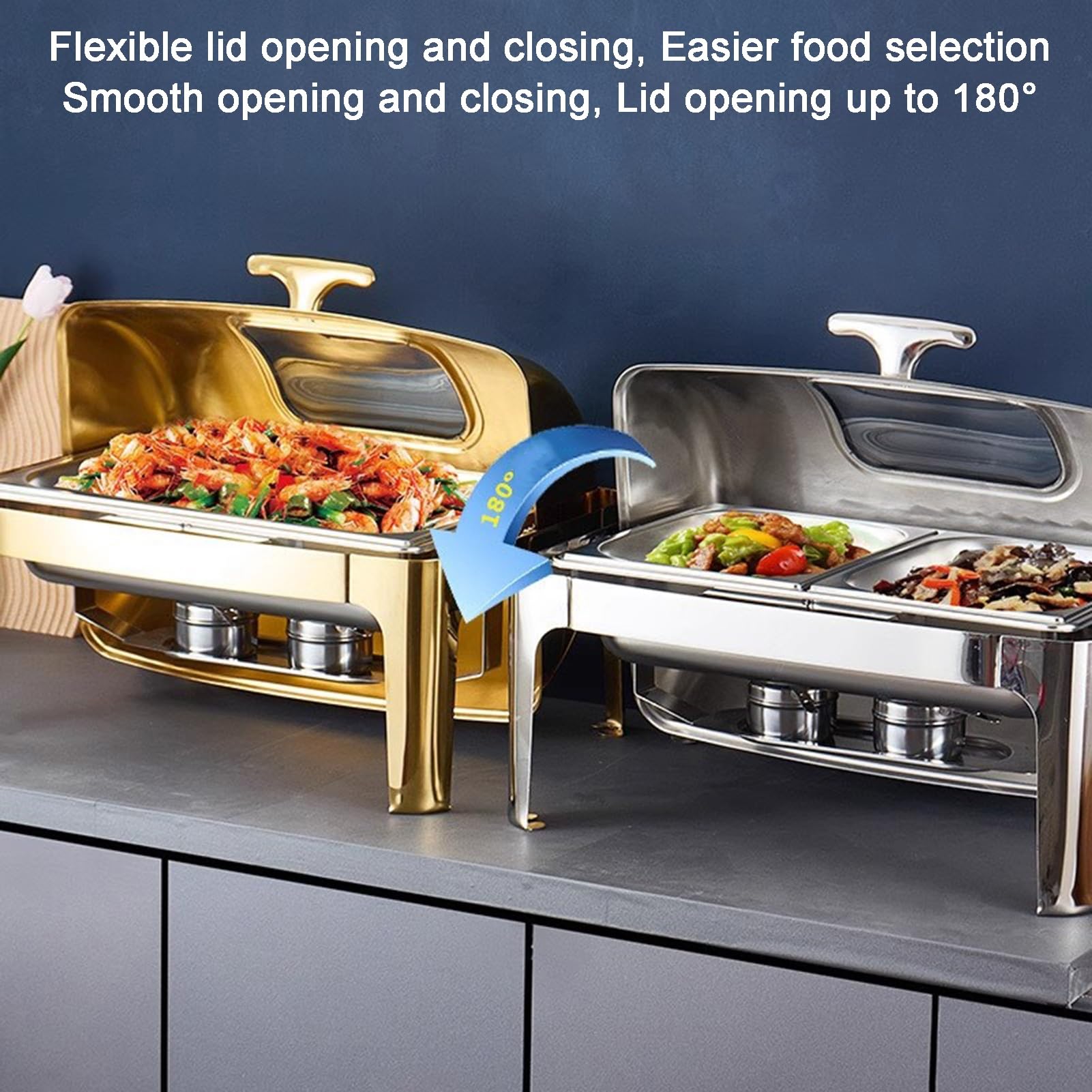 Juego de platos para bufé, bandeja de exhibición de alimentos de acero inoxidable, recipiente de condimentos refrigerados para encimera, calentadores de bufé de alimentos para bodas (plata, 60 x 40 x