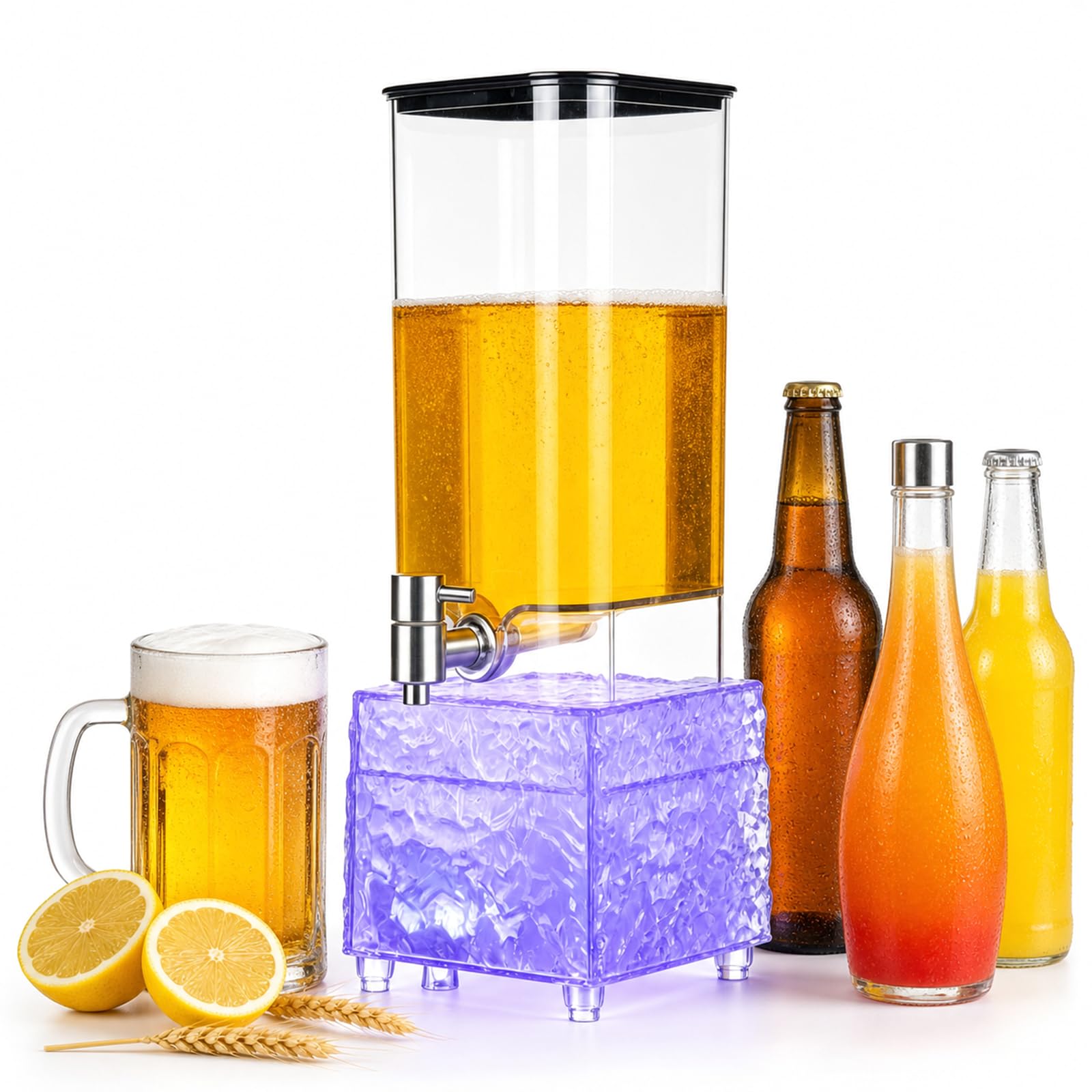3L Biersäule mit LED-Leuchtsockel, Getränkespender mit Zapfhahn, USB-aufladbarer Getränketower mit Edelstahl-Zapfhahn für Bier, Cocktails, Fruchtgetränke, Partys & Gastronomie