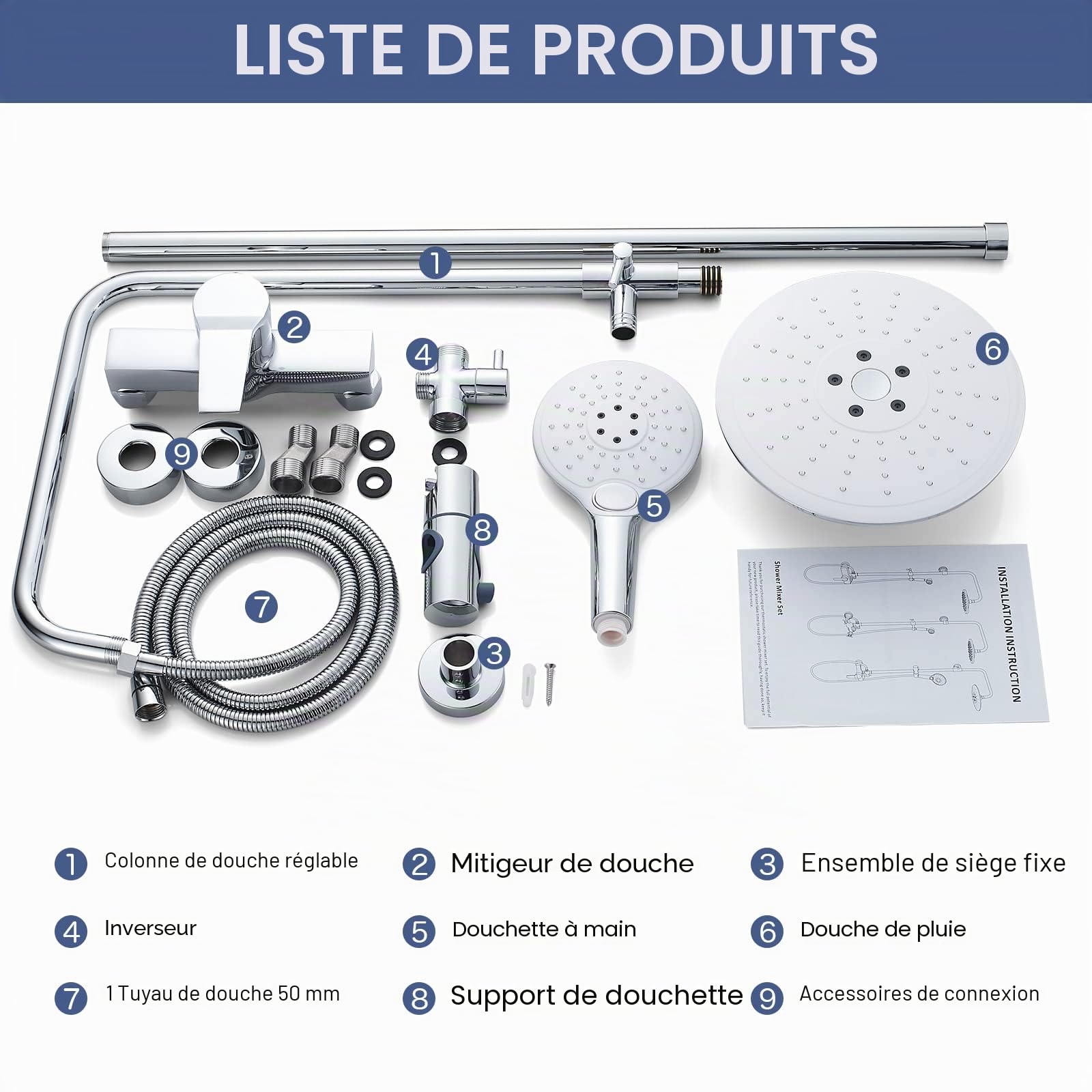 kisimixer Colonne de Douche avec Mitigeur Douche Monocommande, Ensemble de Douche Réglable en Hauteur, Mitigeur Mécanique Système de Douche avec Tête de Douche Ronde 20CM et Douchette 3 Jets, Chromé