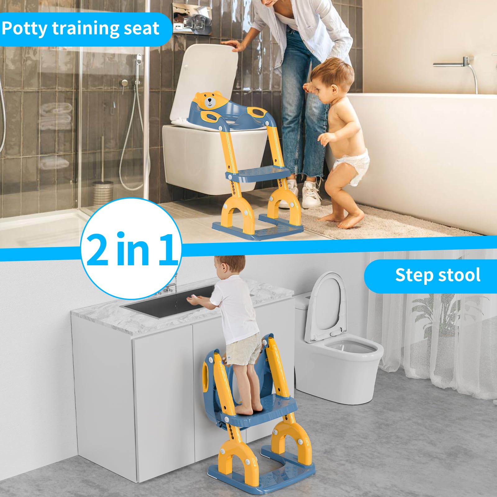 Sedile WC per bambini con scale, accessorio per WC aggiornato, per bambini e bambine, 2 in 1, con scale, regolabile in altezza, comodi sedili per WC sicuri, poggiapiedi per bambini (Blu Giallo)