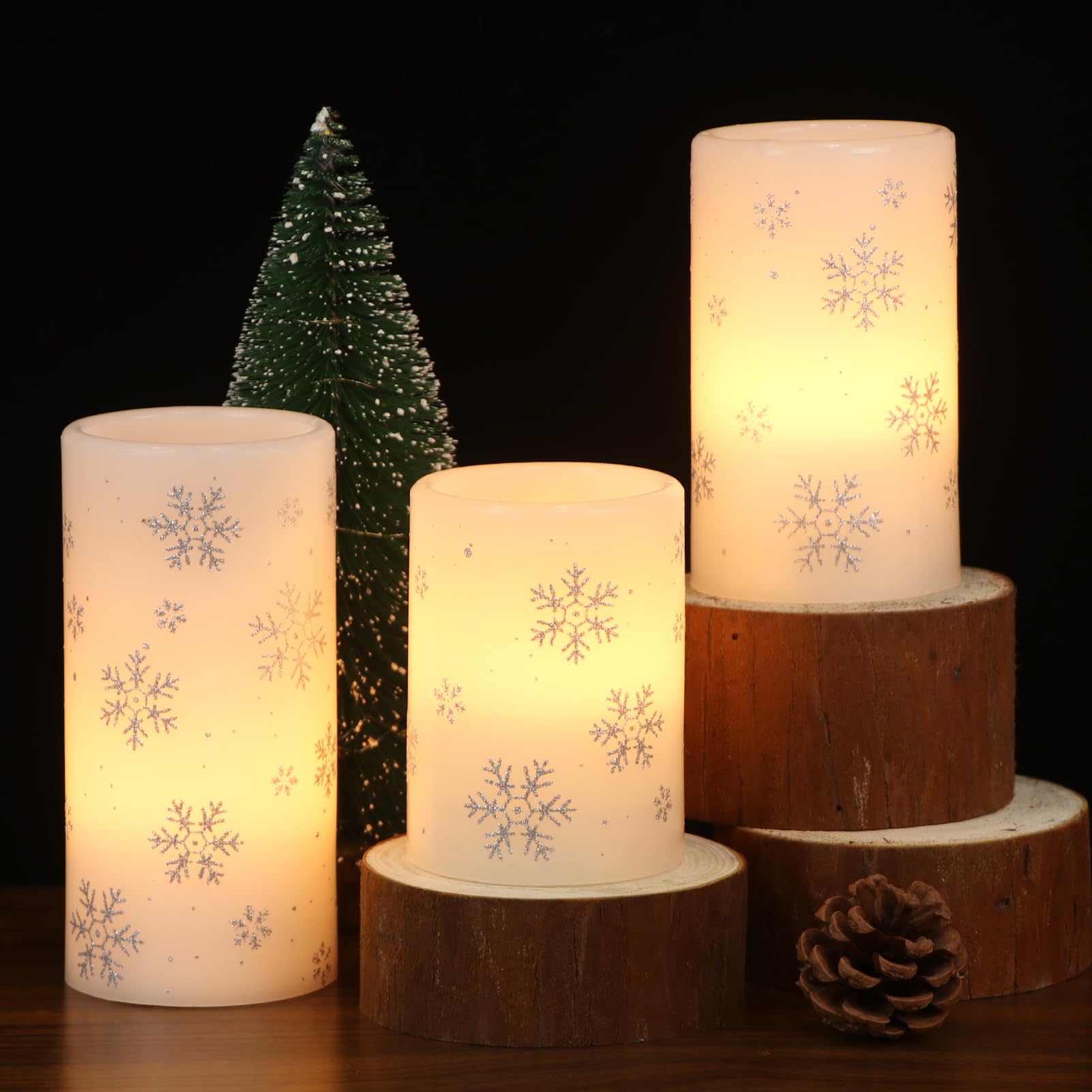 Candele natalizie a forma di fiocco di neve con timer 6H, candele a batteria, in vera cera, senza fiamma, a LED, per decorazioni domestiche, regali, 3 x 4/5/6 pollici