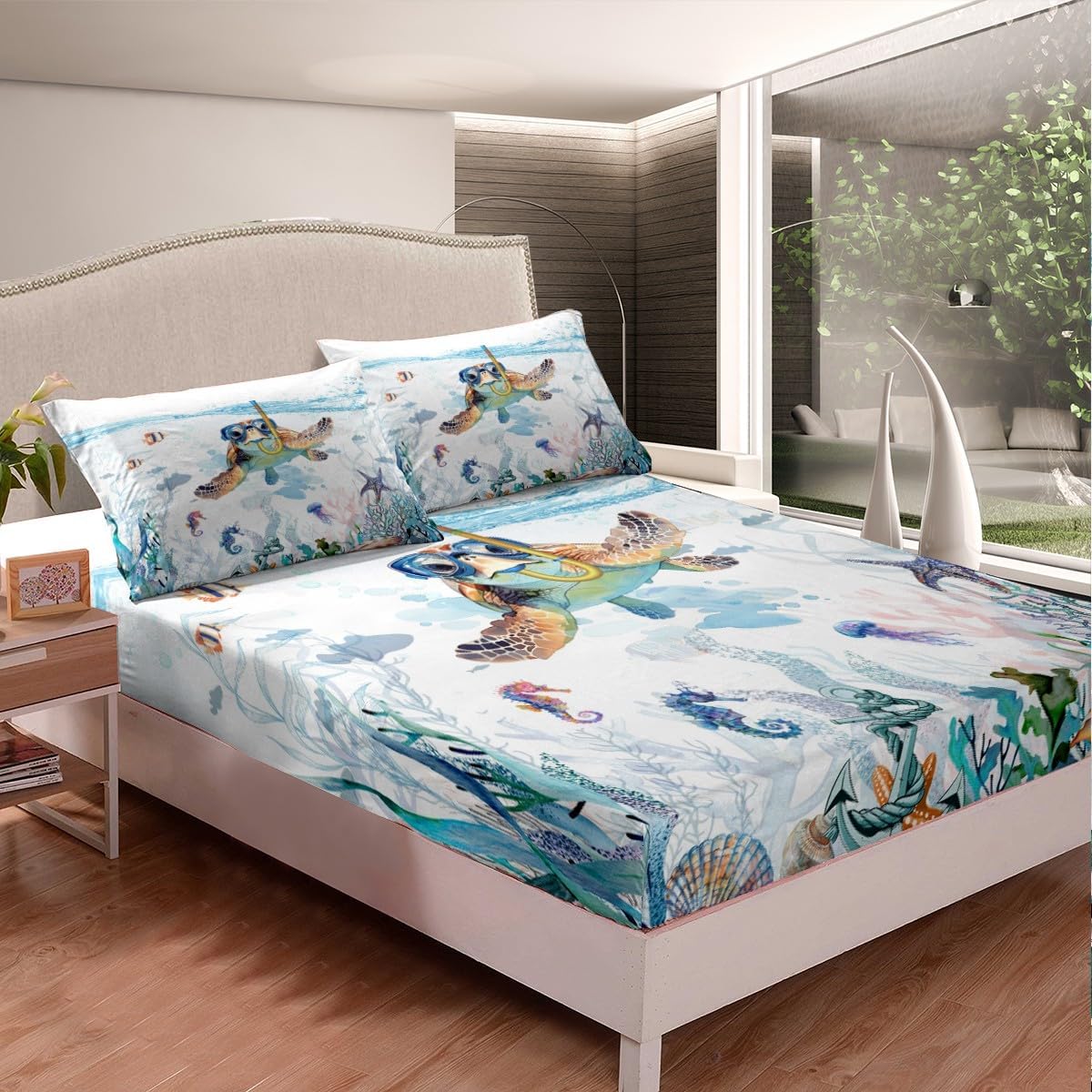 Feelyou Toddler Sea Turtle Bed Sheet Set Ocean Fitted Sheet for Kids Boys Girls Teens Room Decor Reptile Tortoise Bedding Set Twin Size Coastal Bed Cover Deep Pocket image 2