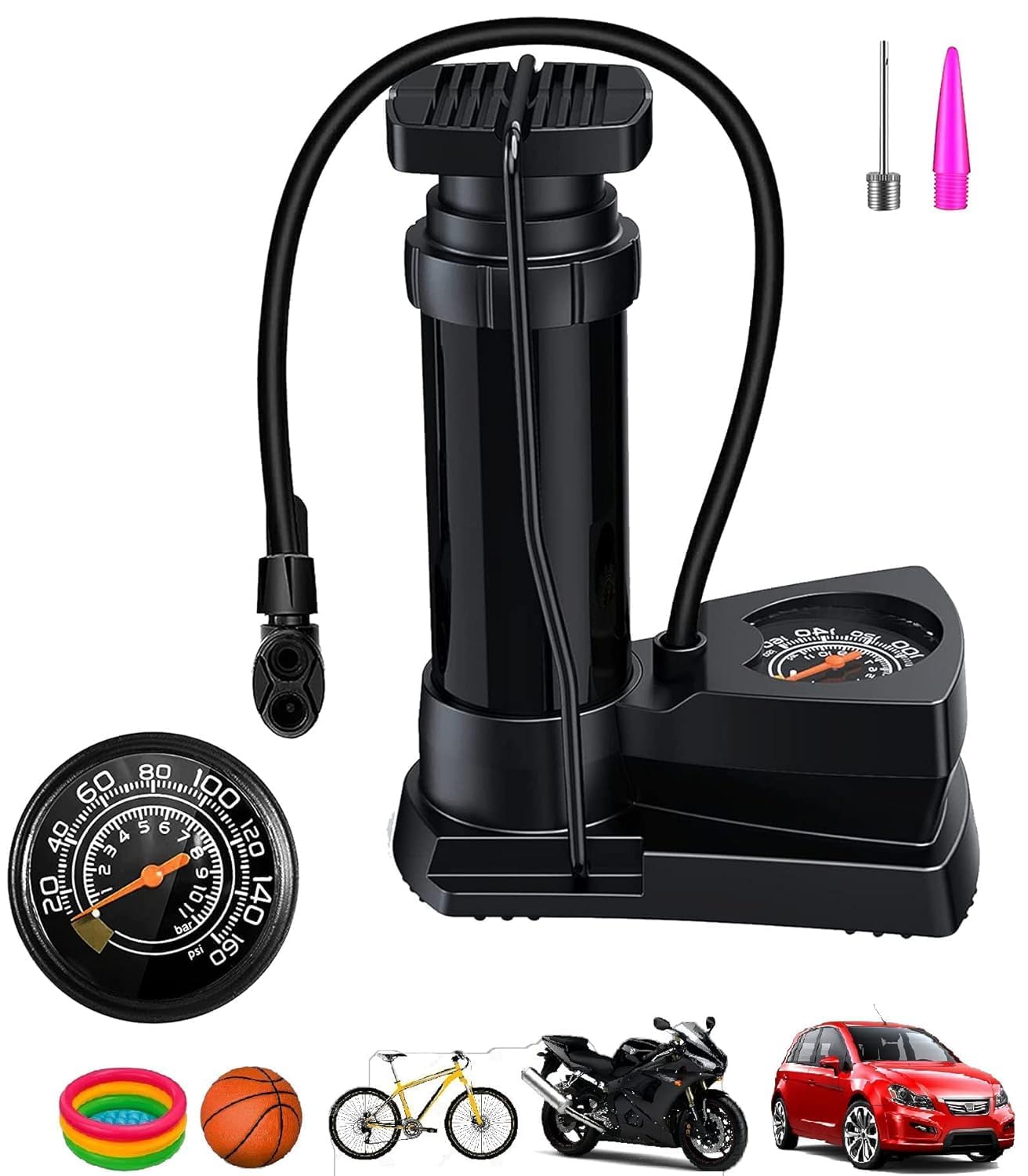 DINACO Bike Cycle Pump Portable Activated High Pressure Universal Foot Air Pump with Needle Extra Pressure Gauge Lightweight Pump for Motorbike, Cars, Bicycle, Football, Balloons, Scooter (Black) (B0C7R6HRRJ) Amazon Price History, Amazon Price Tracker