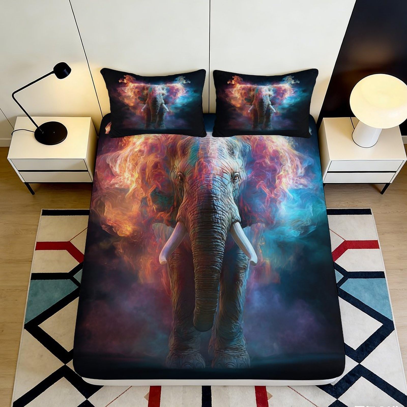 3D Printed Fiery Elephant Fitted Sheet Microfiber Soft Anti-Slip Nebula Mattress Cover Bedroom Decor Washable 120x200x25cm