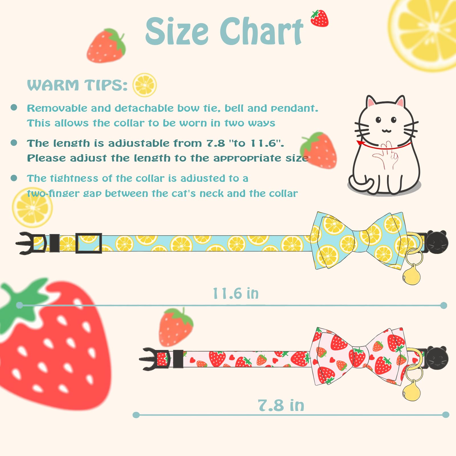 Breakaway Cat Collar with Cute Bow Tie Bell 2Pack Lemon Strawberry Summer Collars for Male Female Soft Cotton Kitty Kitten Collar Cute Cat Collars Ideal for Girl Cats Boy Male Cats