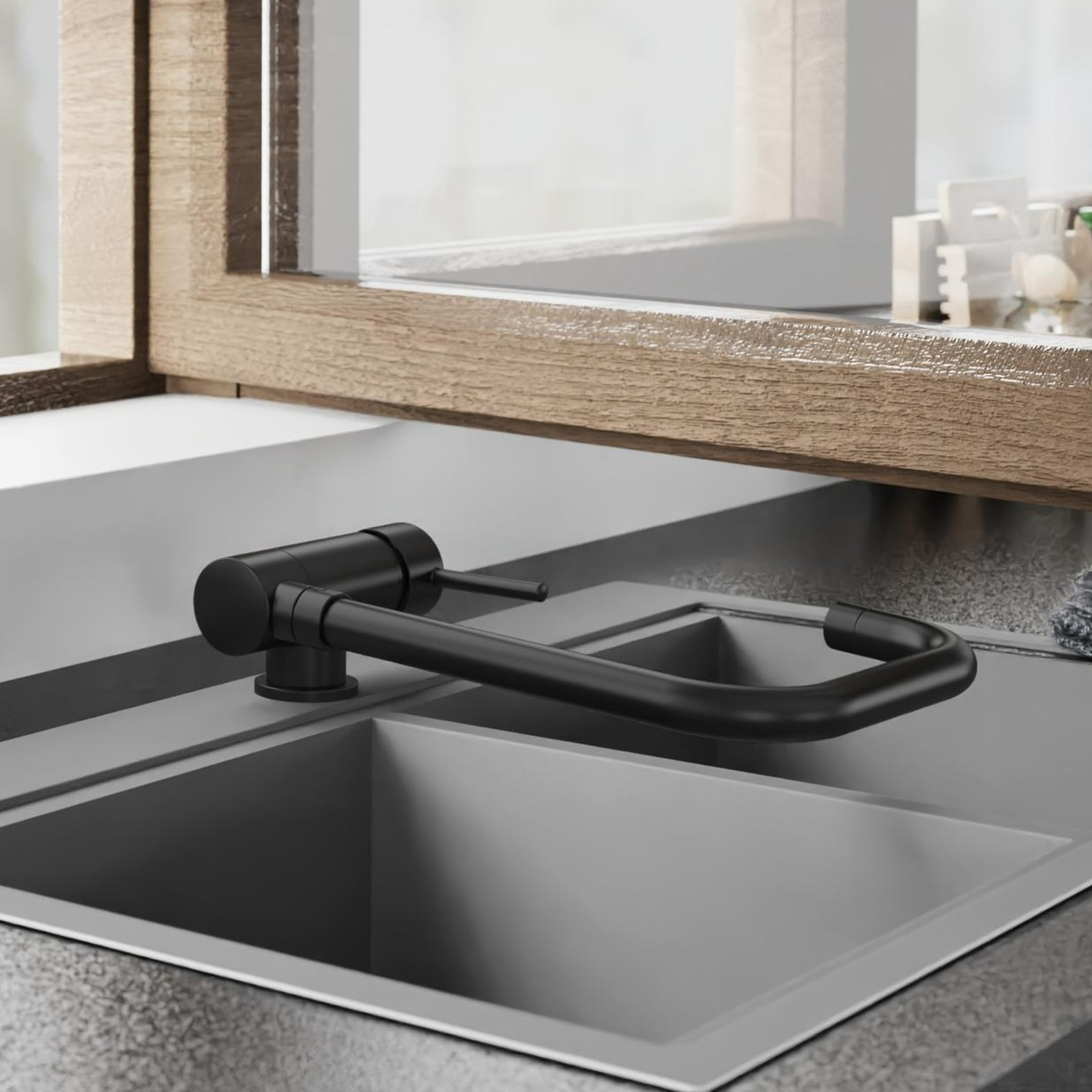 SCHÜTTE 24556 WINDOW - Grifo de cocina para ventana inferior, grifo de fregadero (flexible, plegable, giratorio 360°, monomando, color negro)