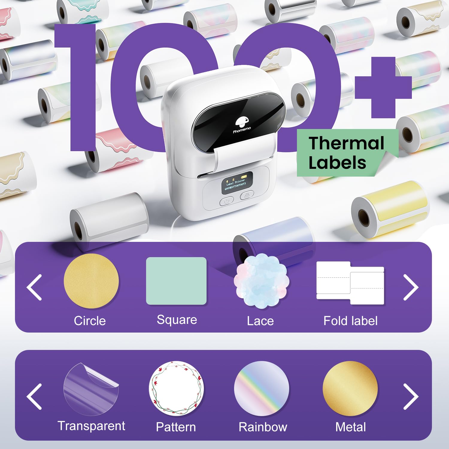 Phomemo M110 Étiqueteuse Bluetooth Imprimante d'étiquettes Autocollante Portable Etiqueteuse Thermique, Convient pour Bureau, Transport, Boutique, Code à Barres,Compatible avec Android et iOS - Blanc