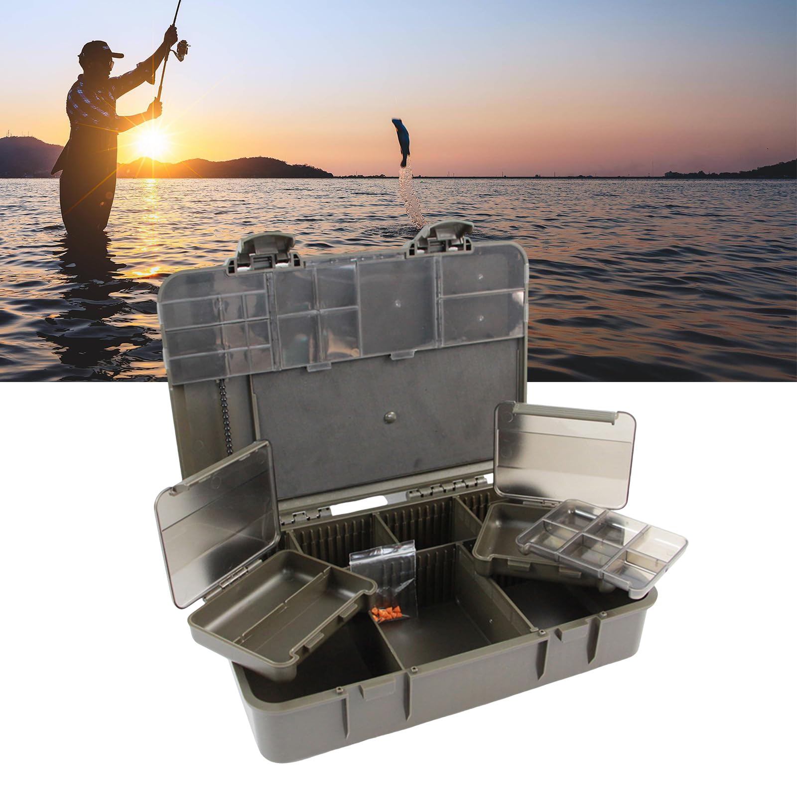 Boîte de rangement pour articles de pêche, plusieurs compartiments, hameçons, boîte de rangement