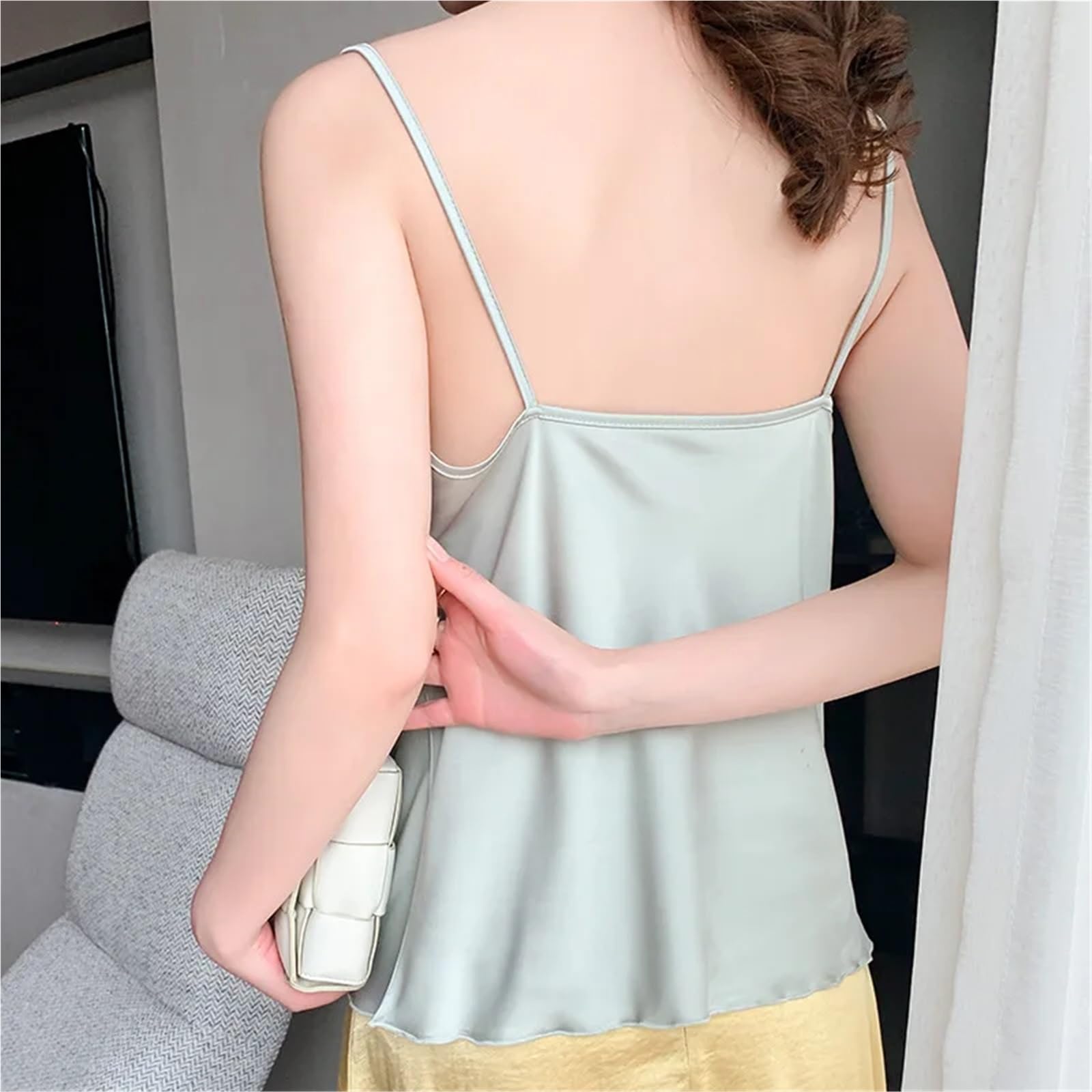 Top de Camisola de Seda Camisola de satén con Escote en V y Cuello Ondulado for Mujer, sin Mangas, Temperamento Interior, for Primavera Verano para IR al Trabajo