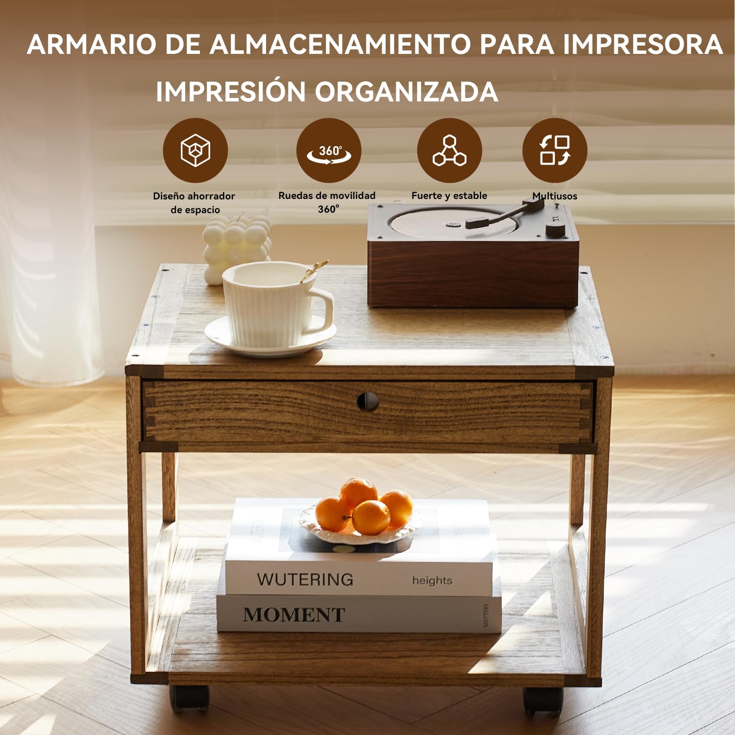 KIRIGRN Estantería Para Impresora De Madera De Paulownia Con Ruedas, Base De Impresora Con Cajón Y Compartimento, Soporte Móvil Con Espacio De Almacenamiento