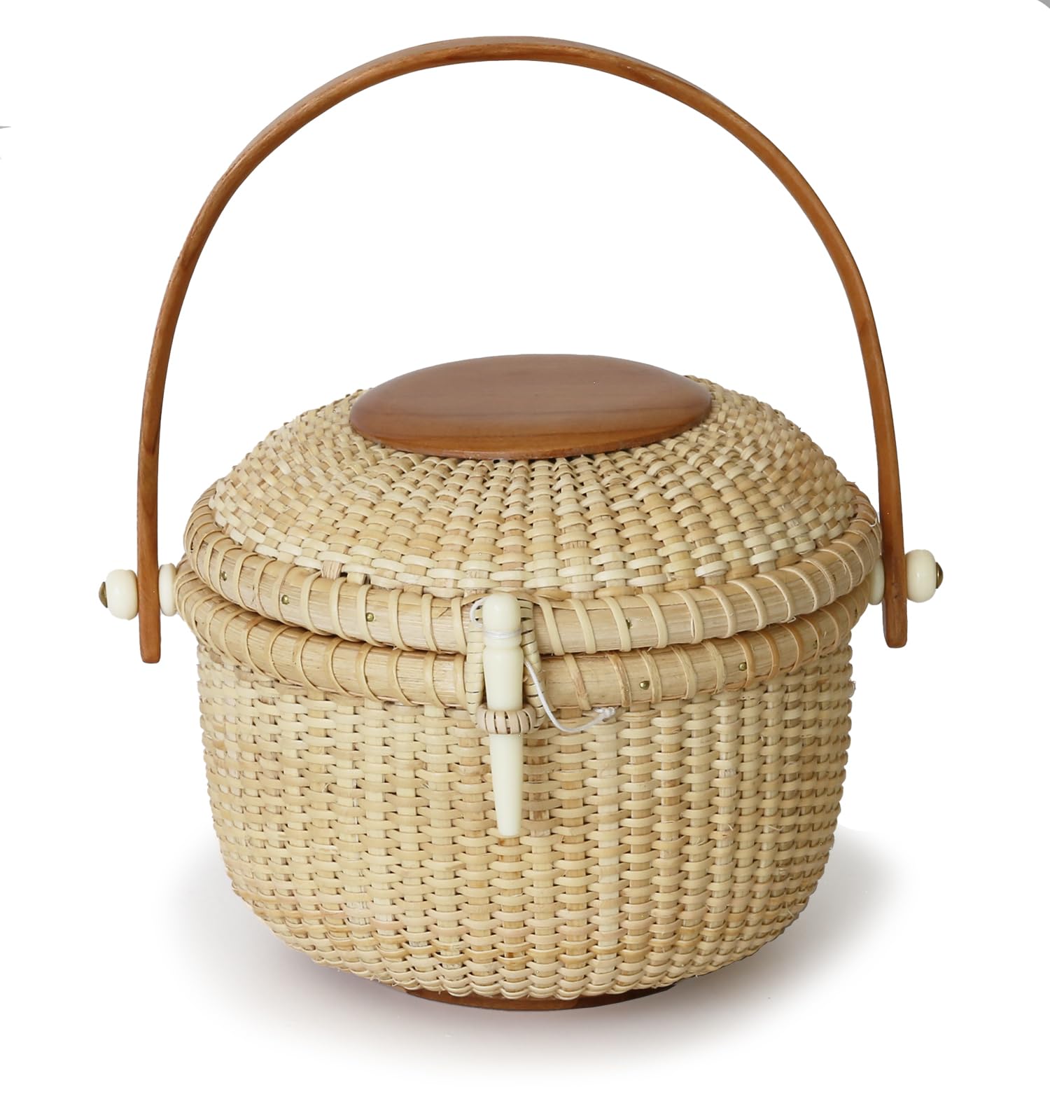 Teng Jin Circular Nantucket Evening Bag handbag Covered Baskets Are Handy Hardwood Swing handles Cane-on-cane weave 5 inches