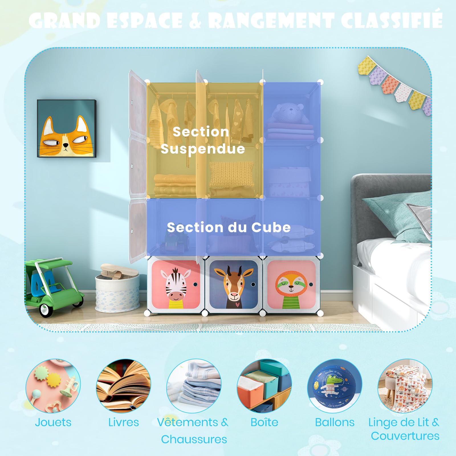 GOPLUS Meuble de Rangement Enfant 12 Cubes 35x35CM, Armoire Modulable en Plastique avec Portes, Charge 10KG Chacun pour Chambre à Coucher, Salon, Entrée (Bleu)