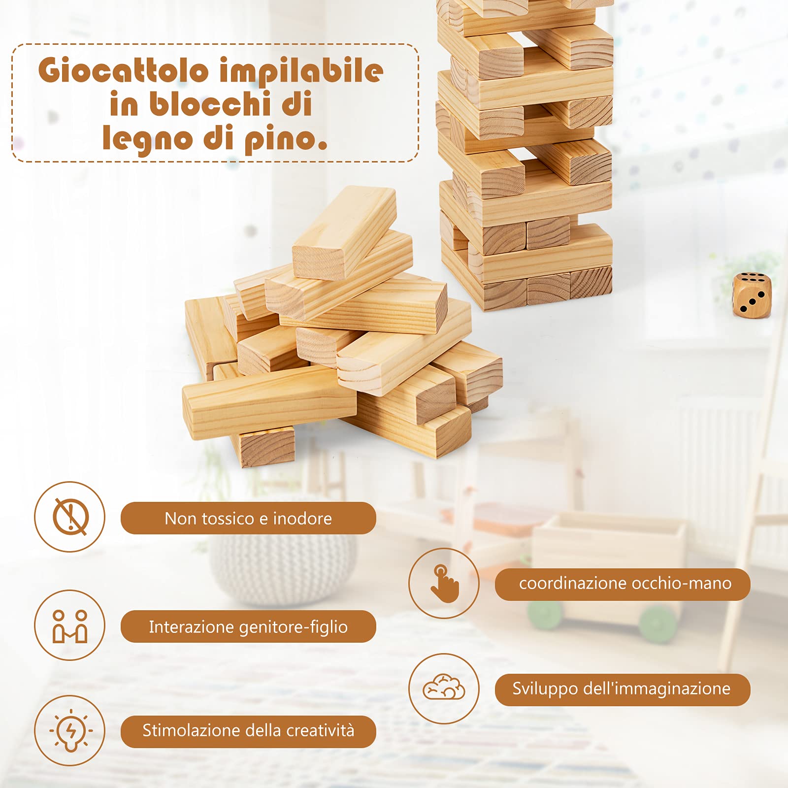 COSTWAY 54 Blocchi di Legno di Pino con Angoli Curvi, Mattoncini Giocattoli, Torre di Legno Gigante con Borsa di Trasporto, Ideale per Feste e Party