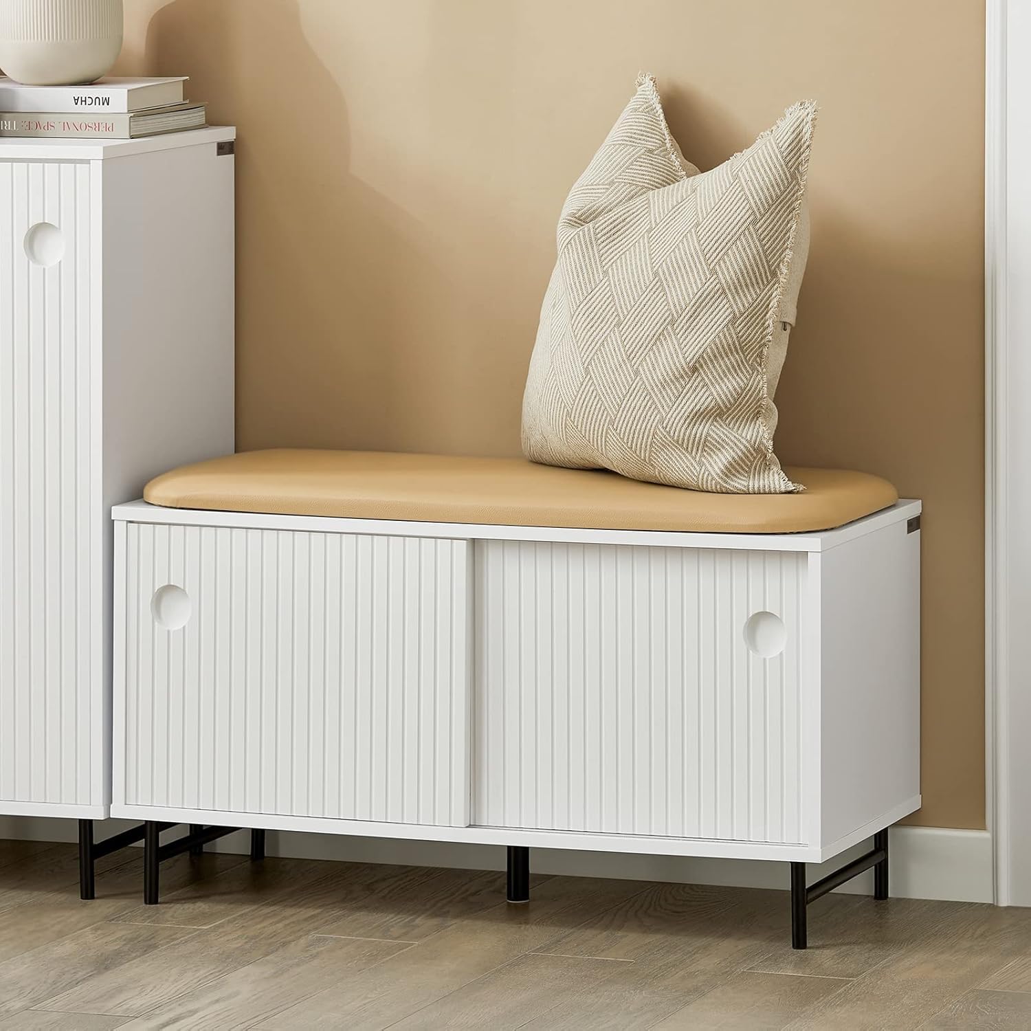 SoBuy FSR116-W Banco Zapatero con Puertas Correderas Armario Multifuncional para Entrada con Estantes 85 x 37 x 49 cm Blanco ES