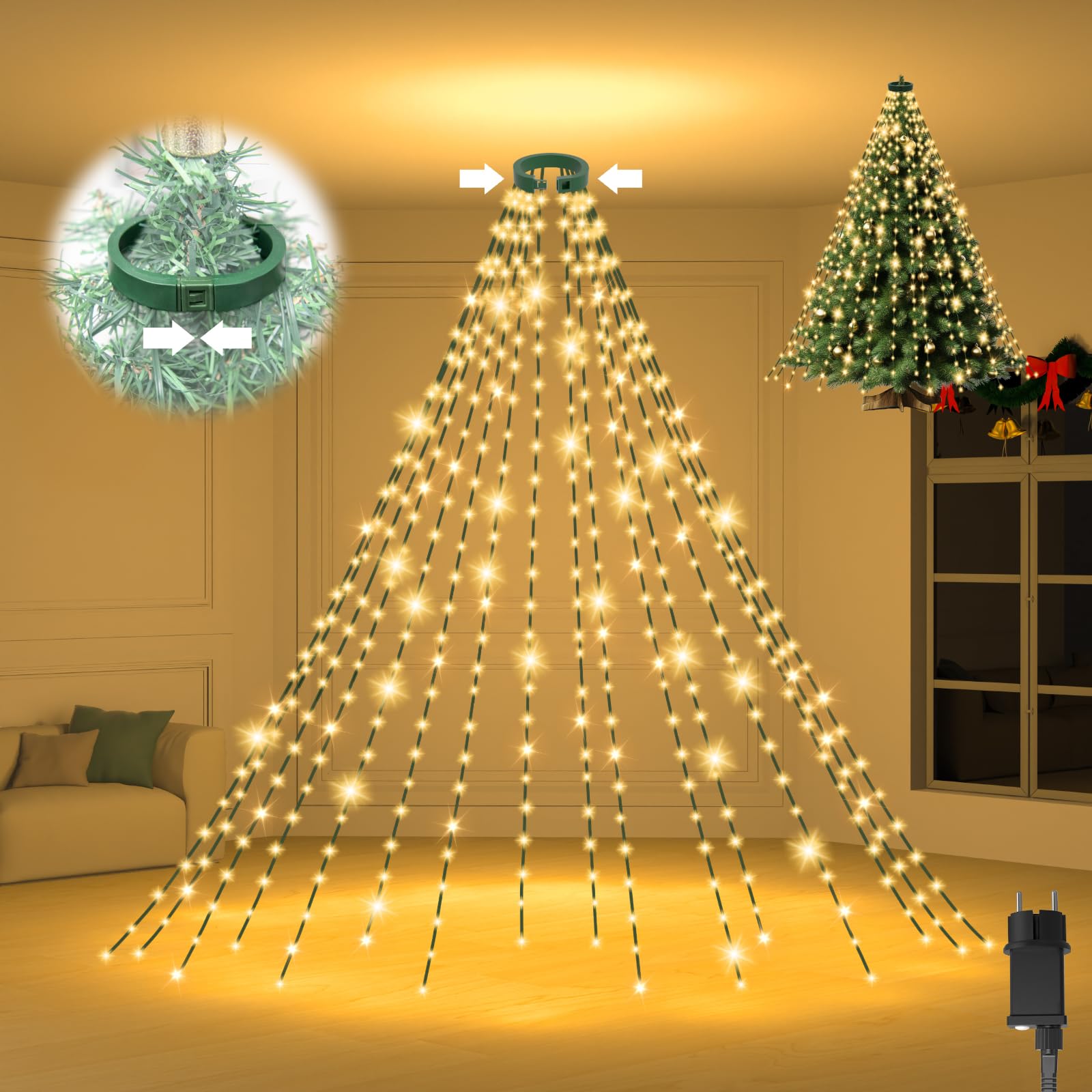 Isisyu Lichterkette Weihnachtsbaum, 3M 480er LED Christbaumbeleuchtung mit Ring, 8 Modi, Memory, Timer, 16 Girlanden Wasserdichte Tannenbaum Lichterkette Innen Außen für 200-350cm Baum Beleuchtung
