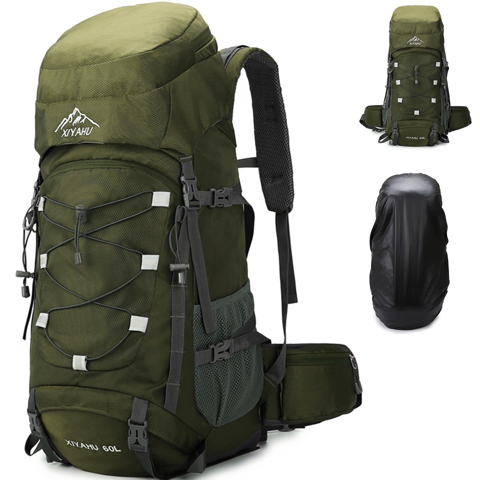 Lawaia Unisex Green 60L Hiking Backpack For Travelling Large Camping Rucksack For Men Women Outdoors Fitness Lightweight With Rain Cover Waterproof Walking Trekking Climbing Fishing Bag