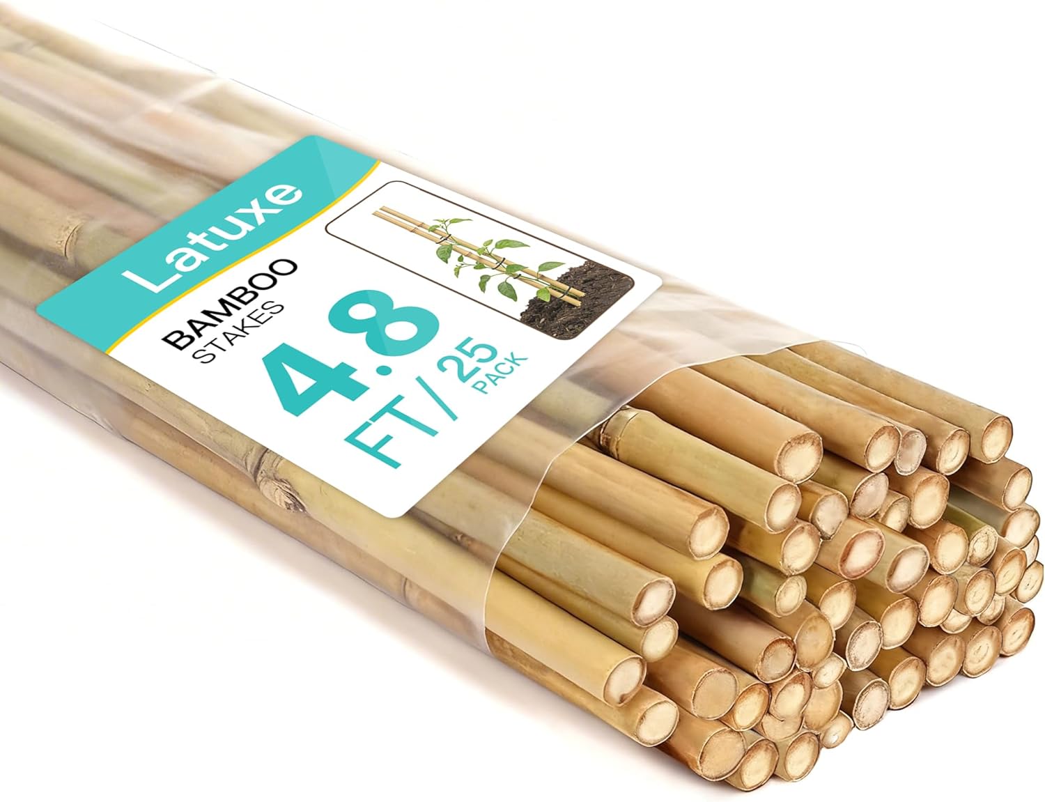 Bamboo Stakes 4.8FT, 25pcs Approx 5ft Plant Stakes, Garden Stakes Specifically Designed for Climbing Plants, Ideal for Tomatoes, Beans, Cucumbers, Peppers, Vines, and More Plant Growth