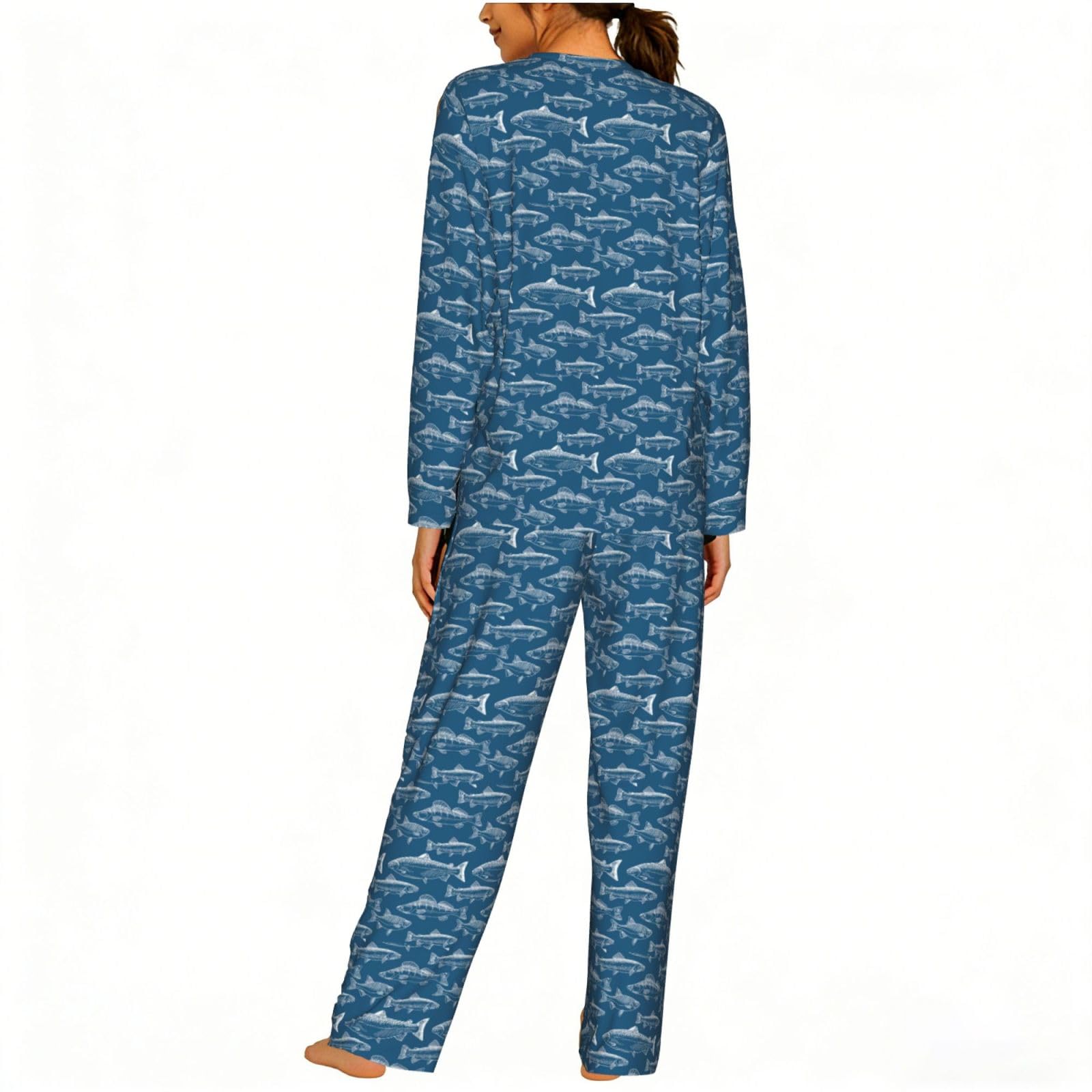 Ocean Pesci Stampa Delle Donne Manica Lunga Pigiama Corrispondente Morbido Elastico Coulisse Casual Daywear
