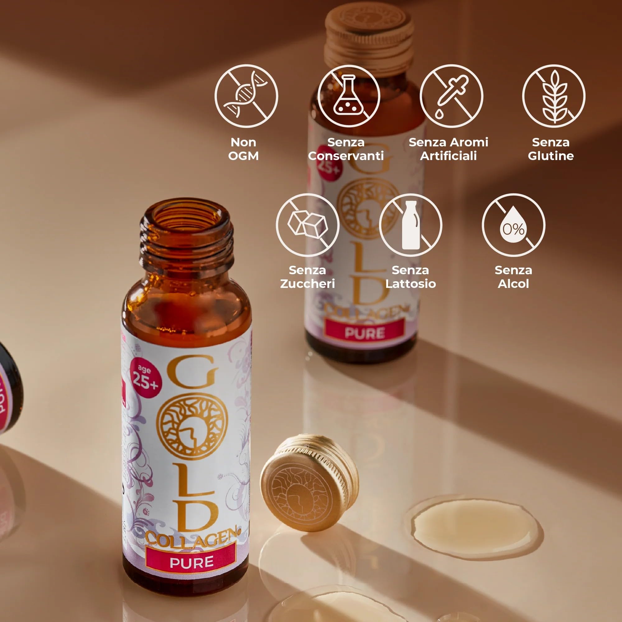 GOLD COLLAGEN Pure - Integratore Liquido Collagene Marino Capelli Pelle Unghie Antirughe Sistema Immunitario e Formazione Collagene con Acido Ialuronico, Vitamina C E B6 Biotina Zinco, 1 Pack 10x50 ml