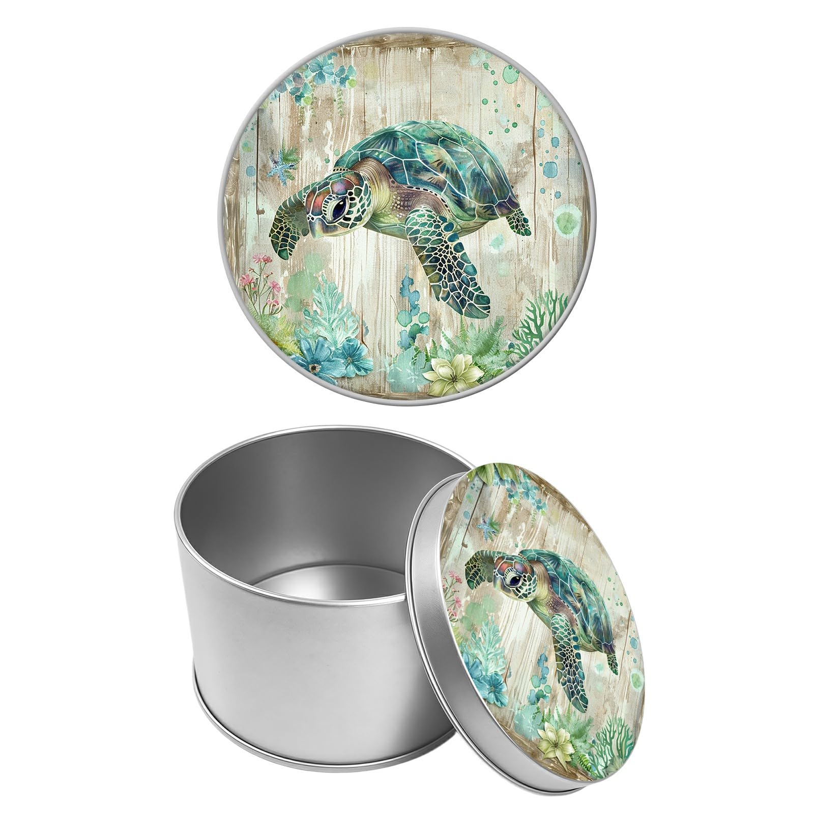 Round Metal Tin Container with Removable Lid, Wood Seaturtle Durable Metal Storage Box for Cookies Spices Tea Candies Cakes Jewelry Cosmetics 3.54 x 2.36 inch– Single Pack