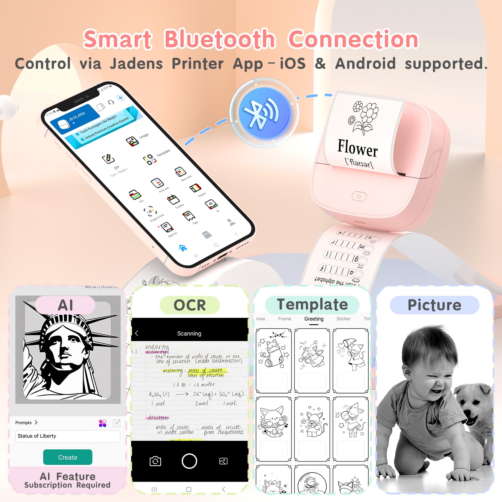 Gloryang Stampante per adesivi, mini stampante termica Bluetooth con 2 rotoli di nastro di carta, etichettatrice tascabile portatile con app intelligente per telefono e tablet, rosa