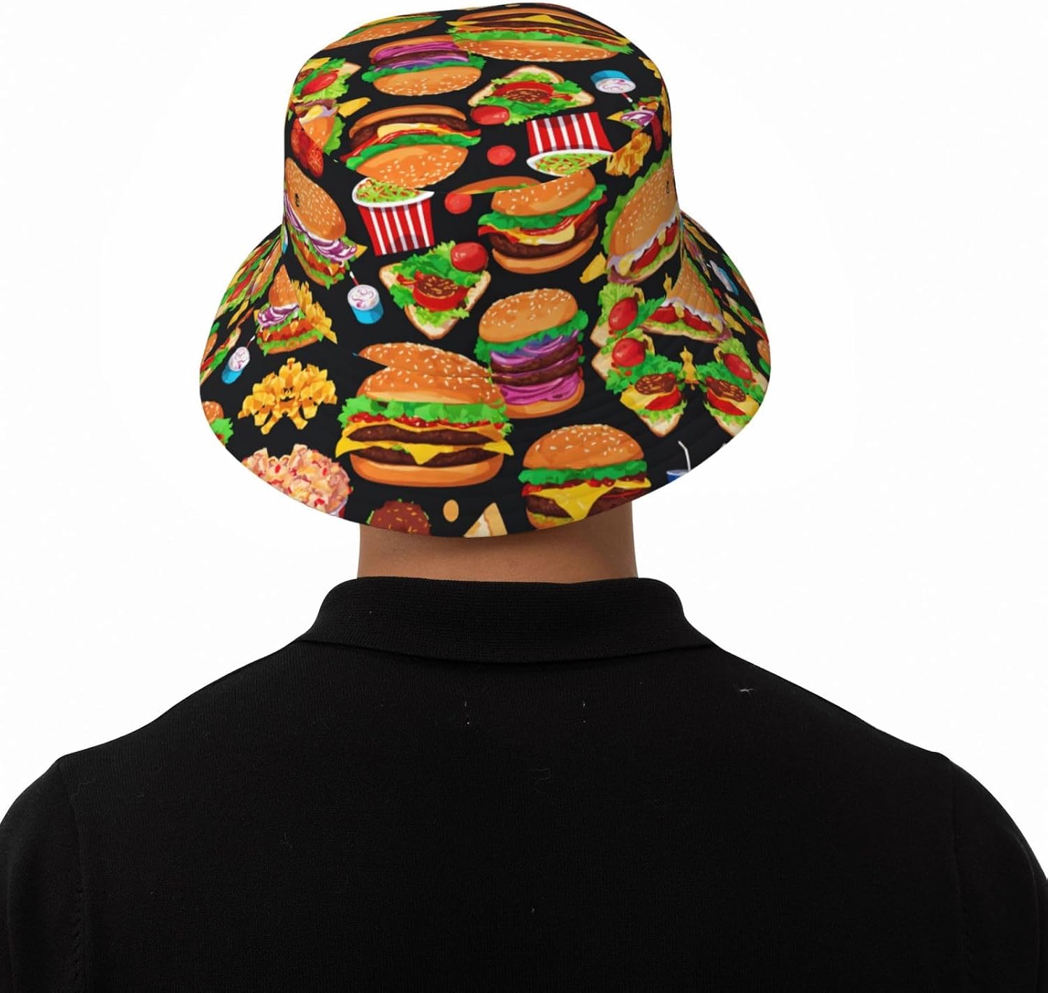 Food Pattern Funny Print Winter Bucket Hat Packable Unisex Sun Hat Summer Travel Beach Fishing Cap for Men Women Black