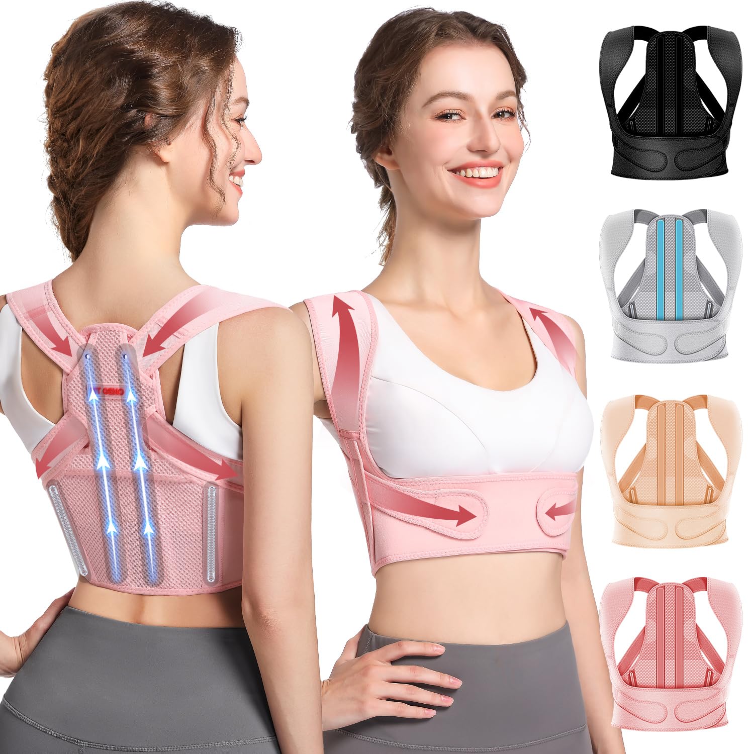 Fit Geno Posture Corrector for Women: Adjustable Lightweight Upper Back Brace for Neck Shoulder & Upper Back Pain Relief - Improve Posture Correct Hunchback Slouching Kyphosis Invisible Under Clothes (M/L Under Bust 32"-45") Pink PLUS SIZE Medium/Large