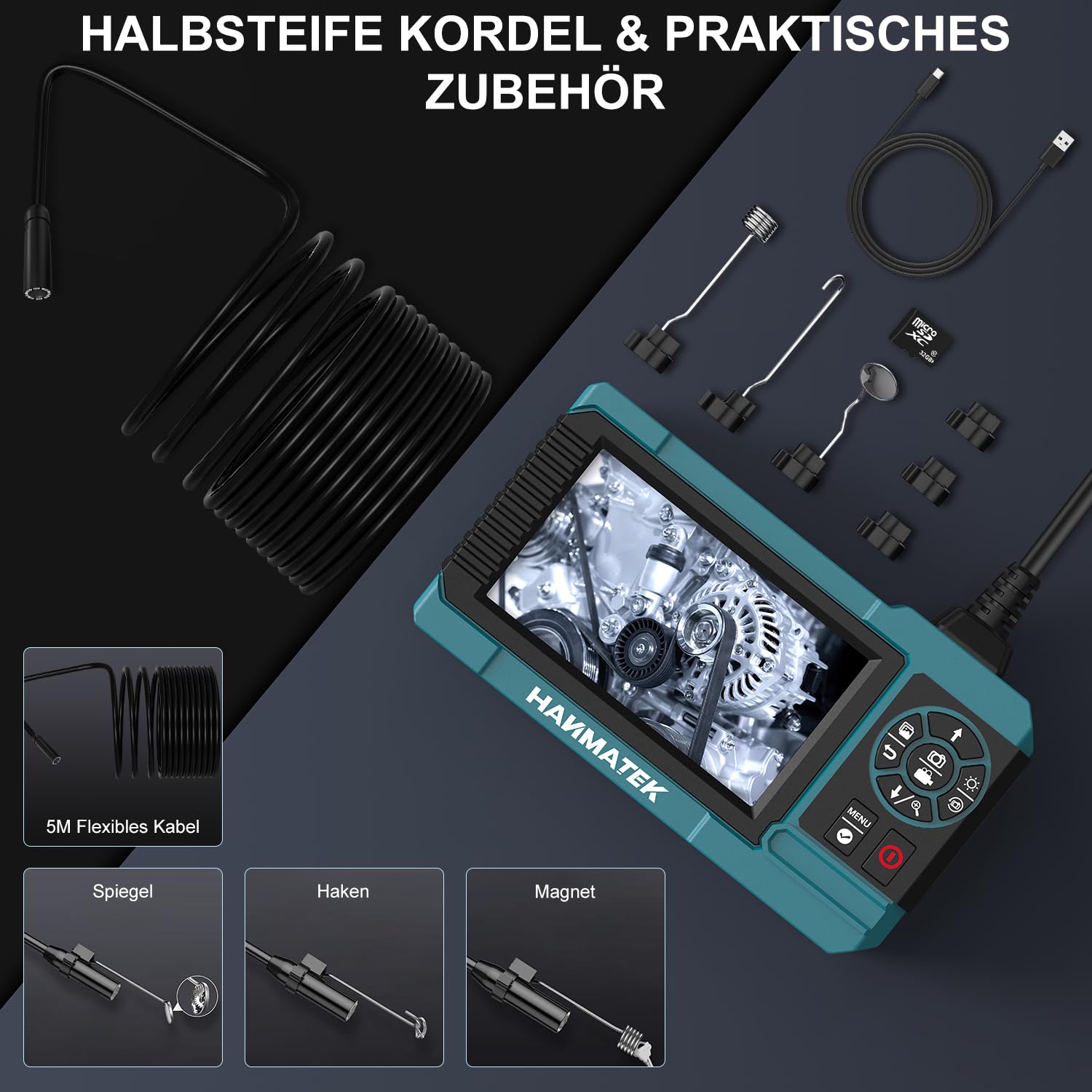HANMATEK 1080P Industrieendoskop, 4,3-Zoll-TFT-Bildschirm, 5 m Flexibles Kabel, 8-mm-Kamera mit Einstellbarer LED-Beleuchtung, 1 Million Pixel, Foto-/Videoaufzeichnung, USB-C-Aufladung | 1080P / 1 Million Pixel, 5m flexibles Kabel, 8-mm-Kamera, Einstellba
