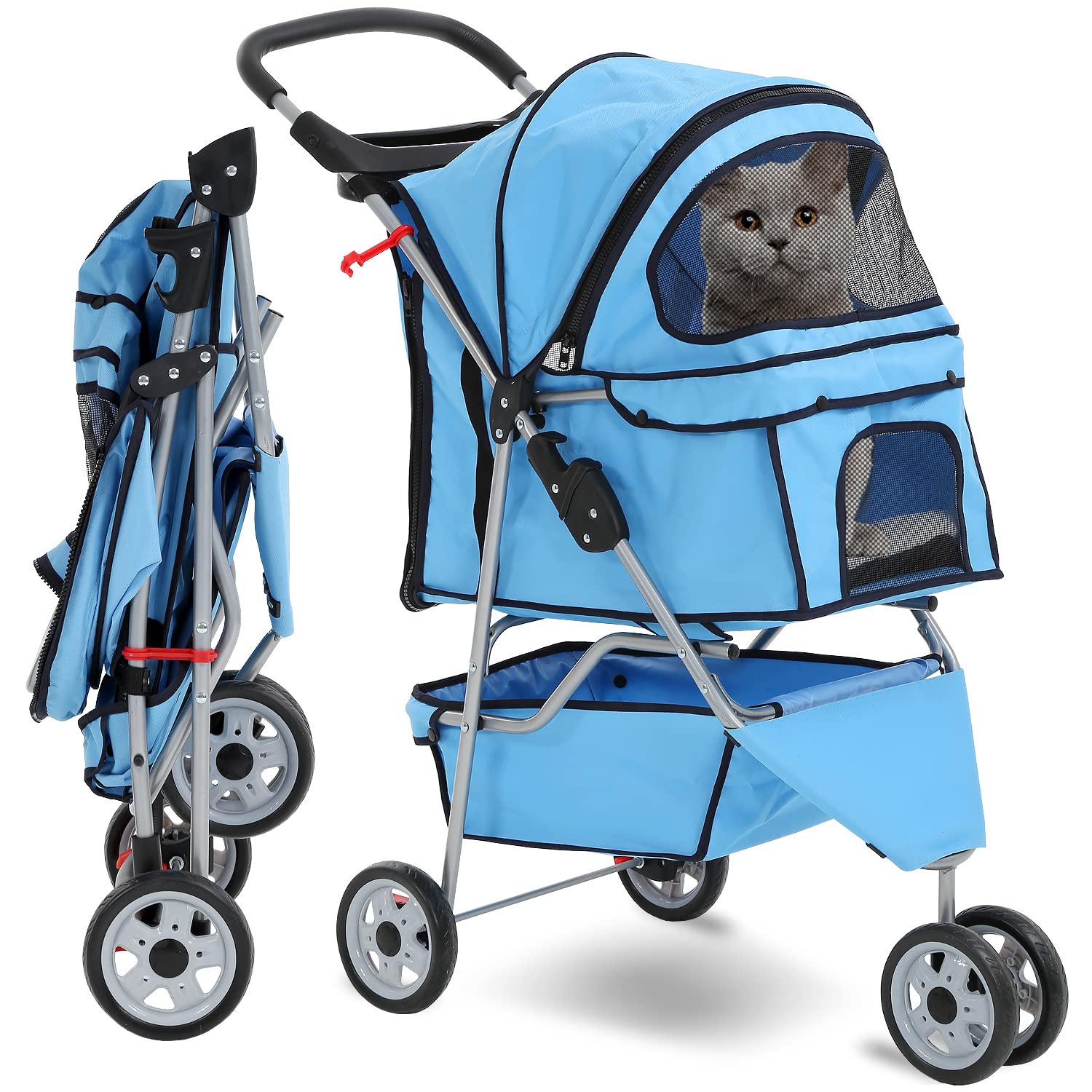 HCY Folding Dog Stroller, 3 Wheels Pet Strollers Pet Gear for Small Medium Cats Dogs Puppy with Storage Basket, Cup Holder,Lightweight Blue