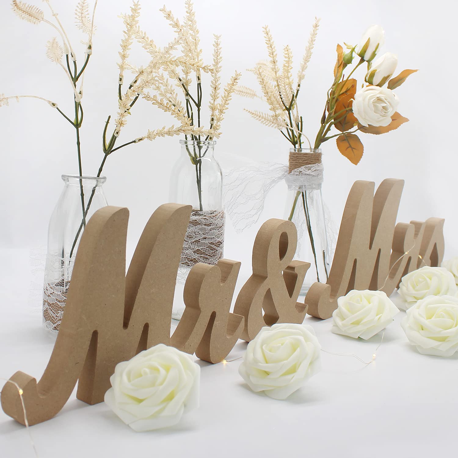 Wooden Mr and Mrs Sign, Rustic Mr. & Mrs. Letters Wedding Signs for Wedding Table, Miss Mr. Deroation for Photo Props/Party Table/Anniversary/Valentine's Day/Wedding & Engagement, Wood Color