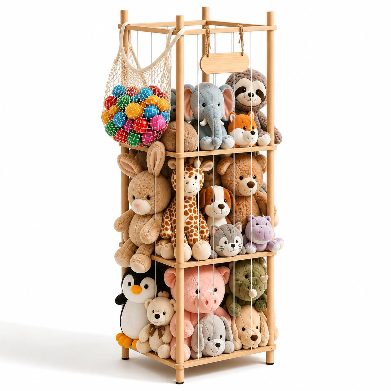 135cm Wooden Soft Toy Storage Organiser for Teddy Bears, Stuffed Animals, Large Cuddly Toy Rack, Space-Saving Vertical Design with Elastic Cords for Nursery, Kids' Bedroom, Playroom