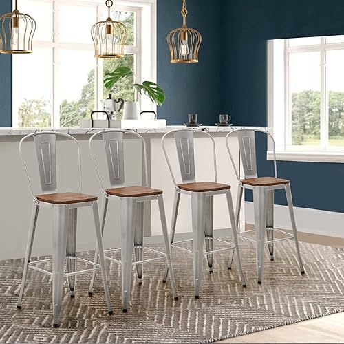 Sophia  William Taburetes de bar de metal de 30 pulgadas juego de 4 taburetes de bar con respaldo alto con asiento de madera taburetes de bar para