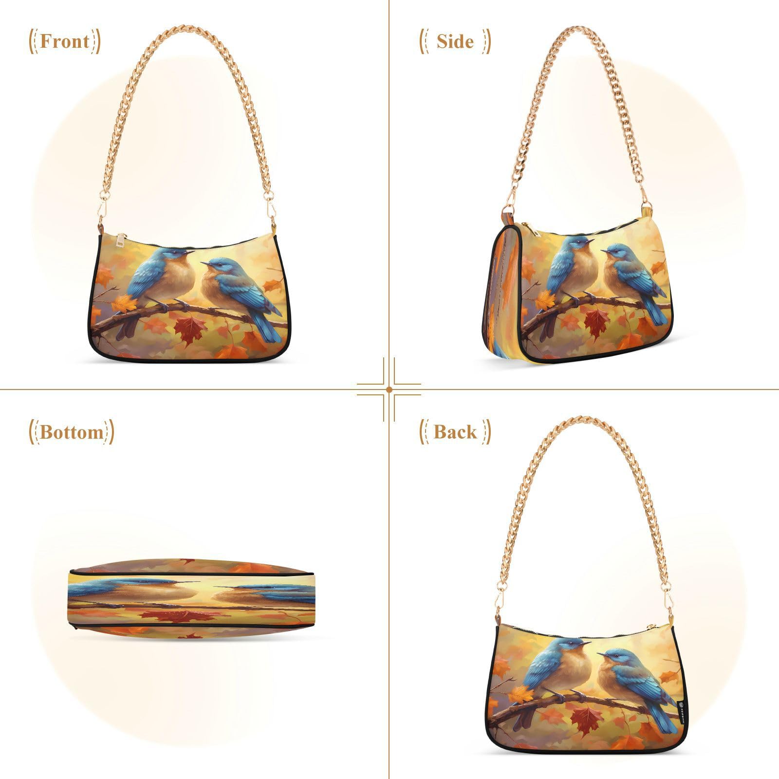 Shoulder Bags for Women Autumn Blue Birds on Fall Maple Branch Hobo Tote Handbag Small Clutch Purse with Zipper Closure