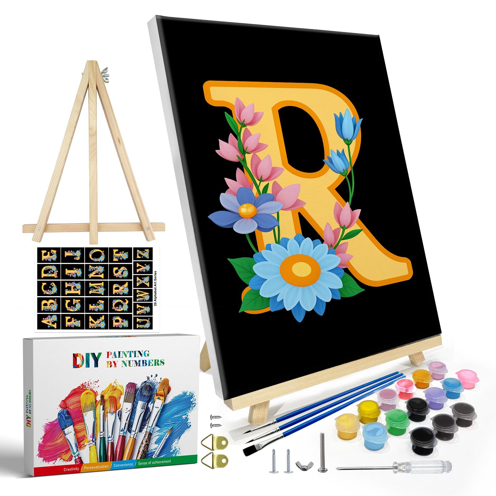 JOOZ Letters Paint by Numbers Kit for Adults with Frame, Paint by Number for Beginners with Easel, DIY Letters Flowers Easy Paint by Number Kits Framed Canvas for Home Wall Decor 8 x 12 Inch, R