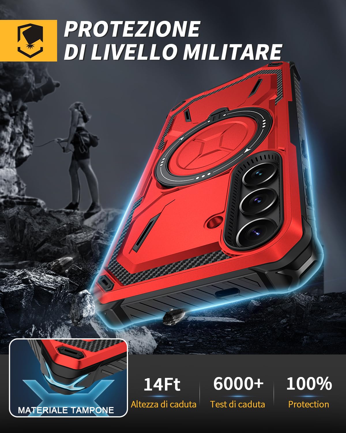 Lanhiem Cover per Samsung S24 5G, Magnetica con Anello, 14FT Antiurto Militare Indistruttibile, Protezione Completa del Corpo a 360°con 2 Vetro Temperato, Custodia per Samsung Galaxy S24, Rosso