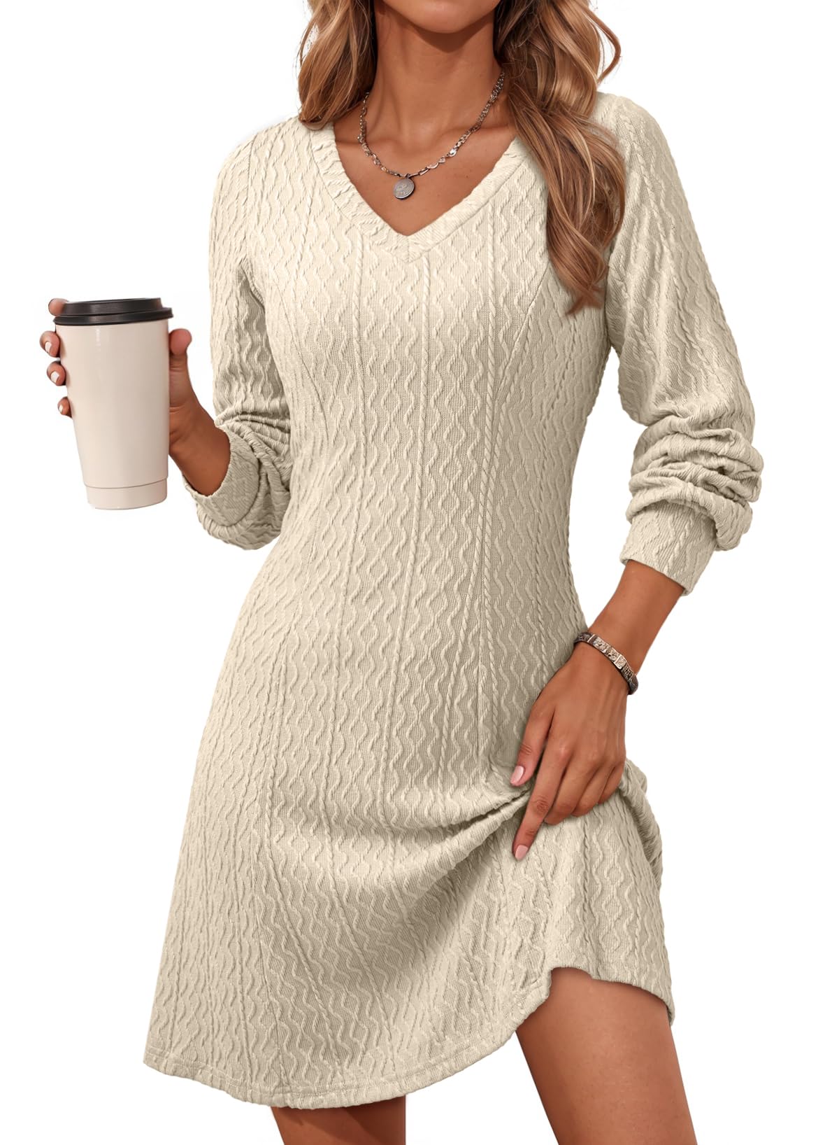 Dresses for Women Trendy V Neck Knit A Line Long Sleeve Dress Sweater Dress