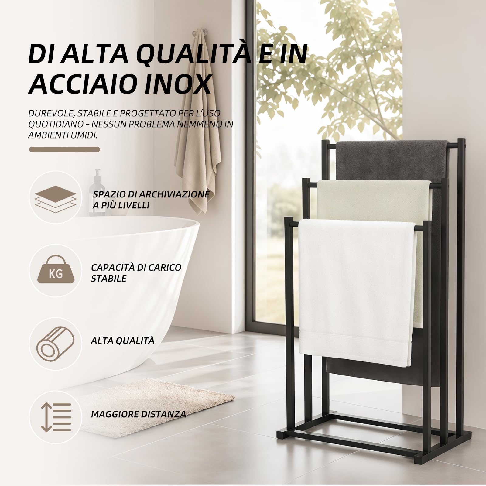 Portasciugamani nero a terra – 3 aste, metallo