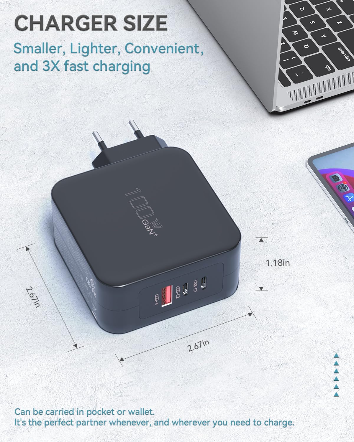 BIUBOTY Caricatore USB C 100W, Alimentatore per Laptop a 3 Porte GaN Tech Caricatore PD PPS Fast Charger, Adattatore di Dicarica Compatible con MacBook Pro/Air, iPhone 15/14/13/12, iPad Pro